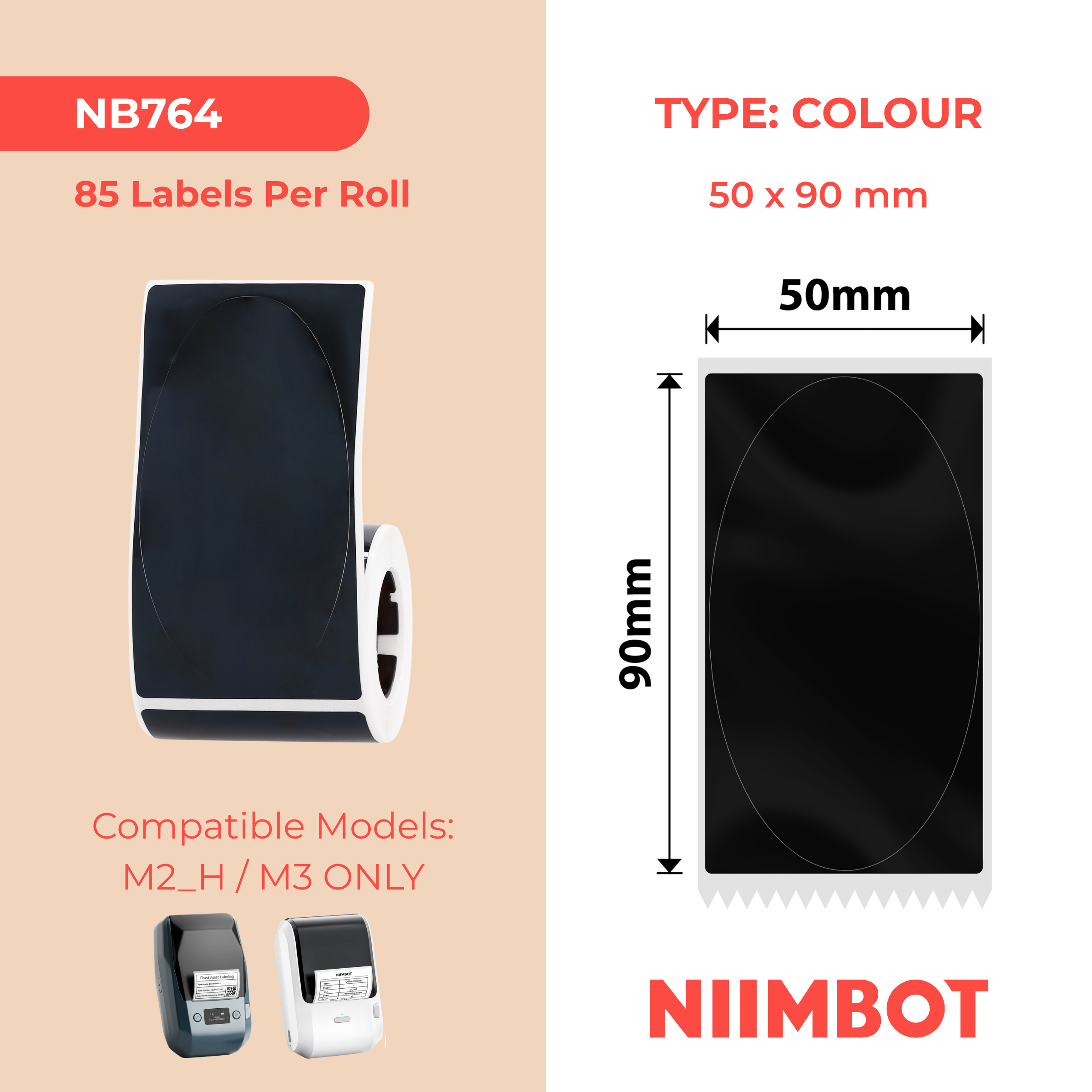 NIIMBOT - M Range - 50x90mm - Glossy Black Oval - 85 Labels
