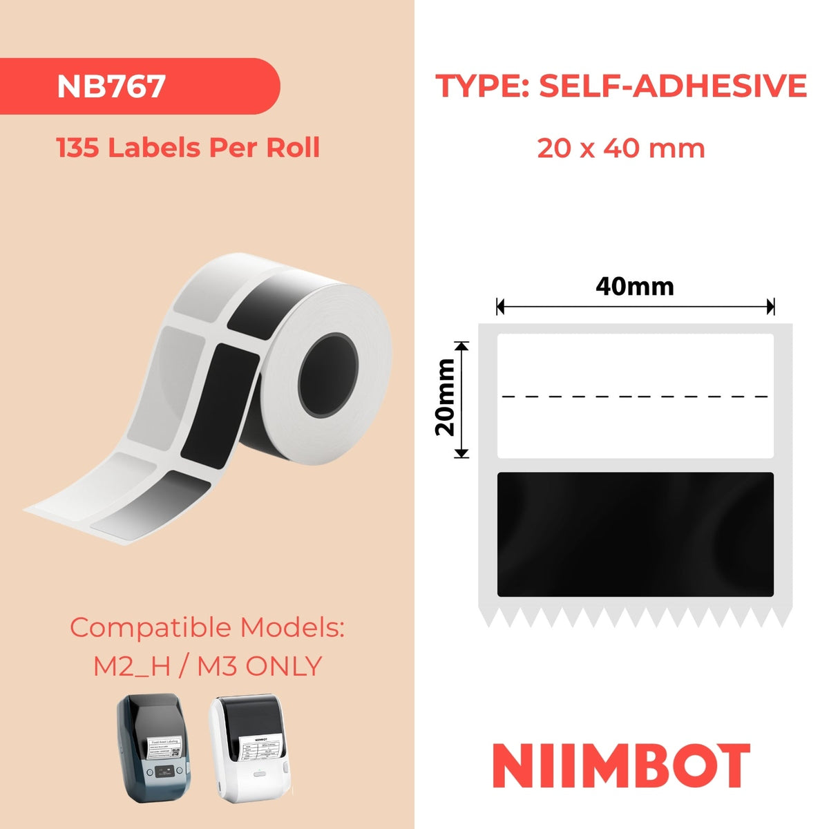 NIIMBOT - M Range - 20x40+25.25mm - Black Self-Adhesive - 135 Labels
