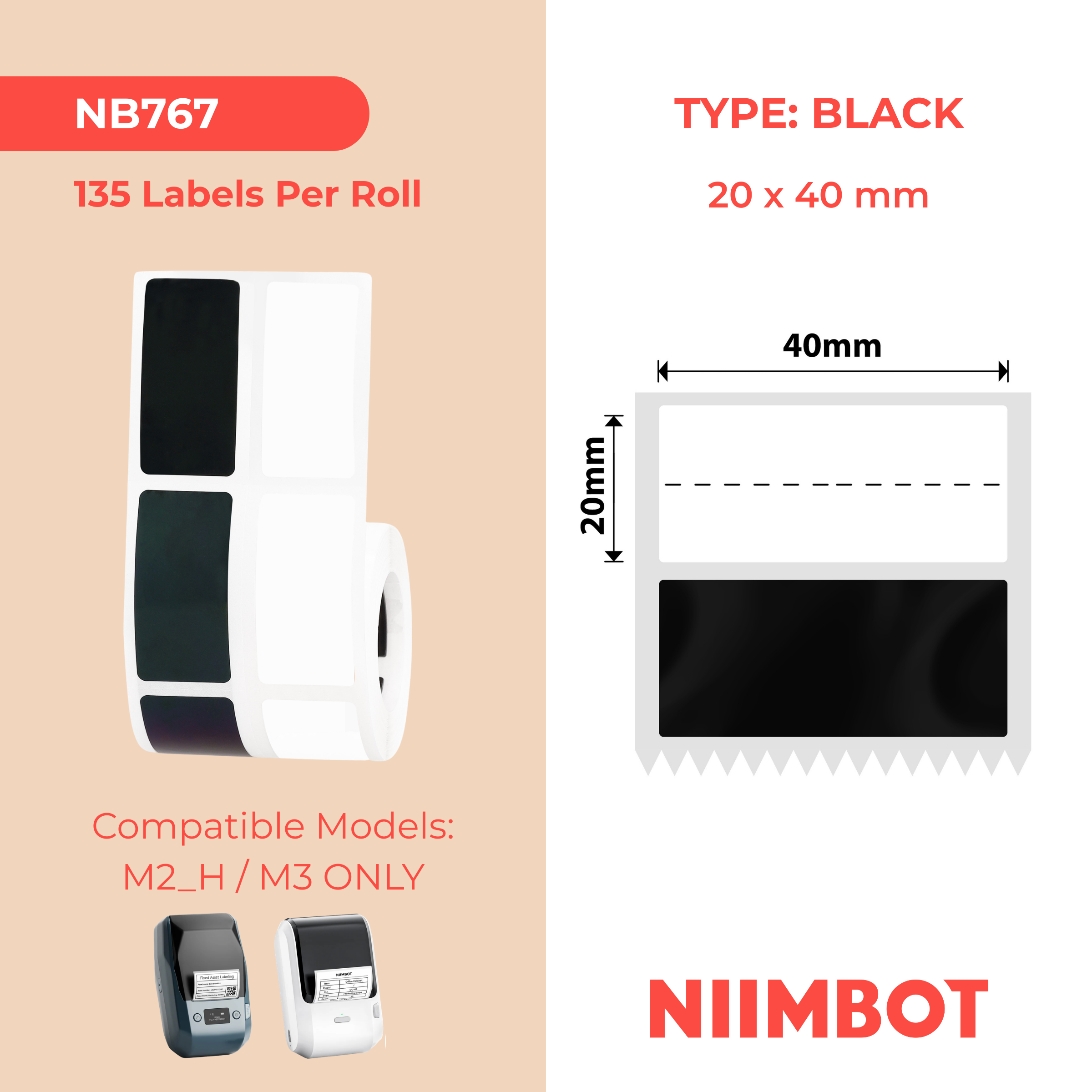 NIIMBOT - M Range - 20x40mm+25.25 - Black Self-Adhesive - 135 Labels