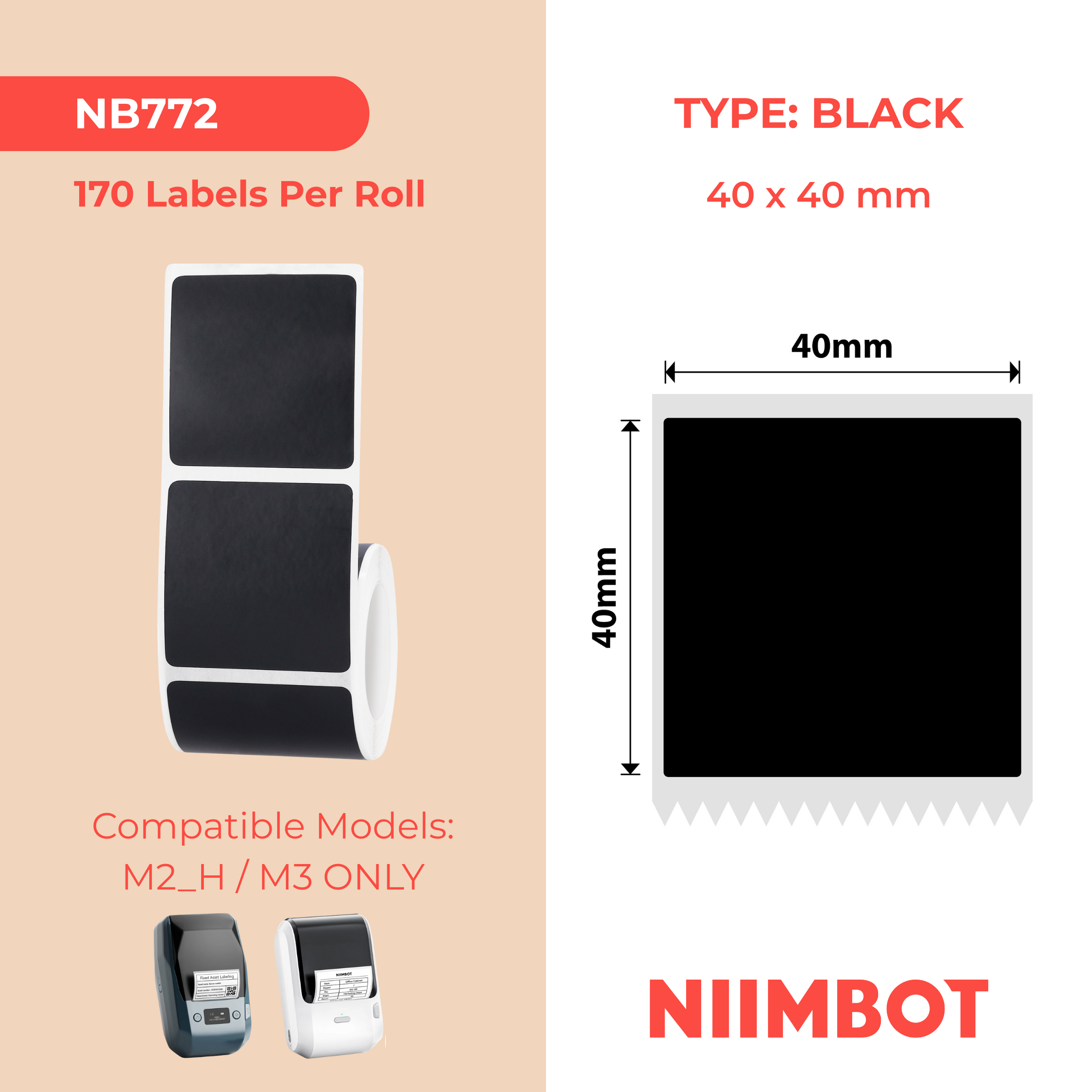 NIIMBOT - M Range - 40x40mm - Matte Black - 170 Labels