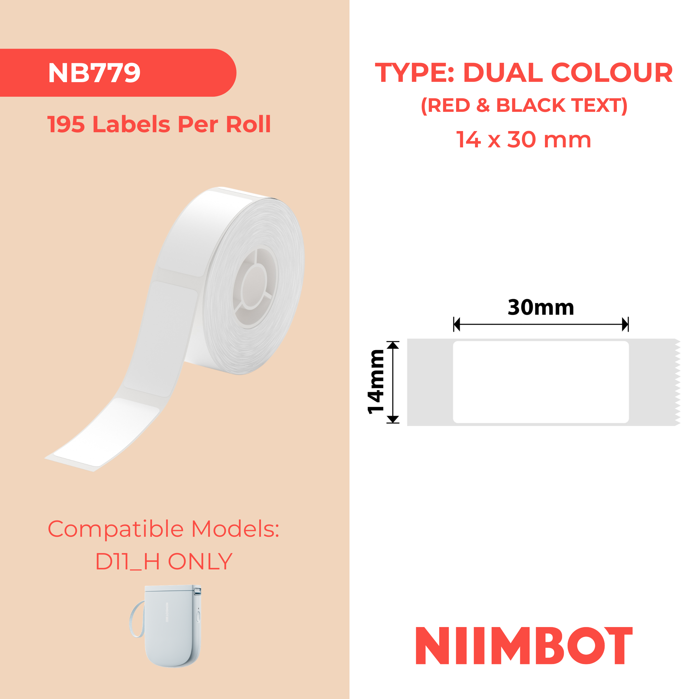 NIIMBOT - D11_H Only - 14x30mm - White Red & Black - Dual-Color - 195 Labels