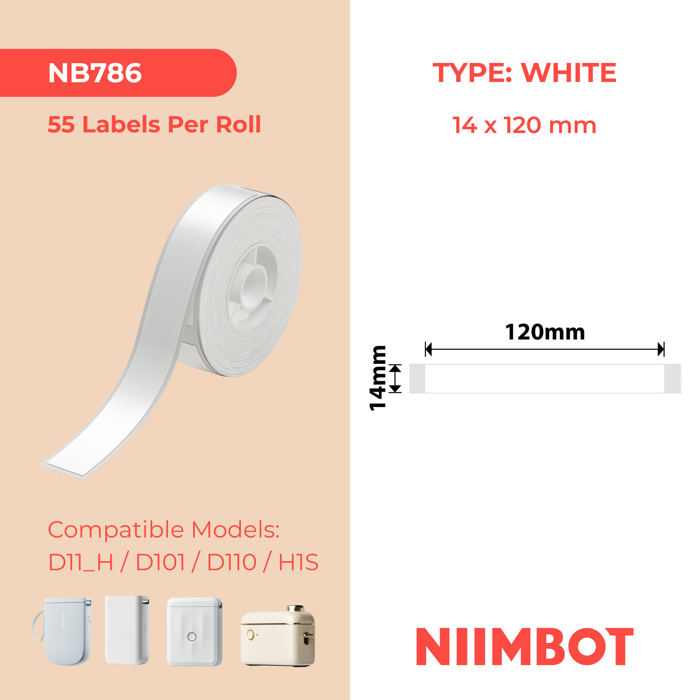 NIIMBOT - D Range - 14x120mm - White - 55 Labels