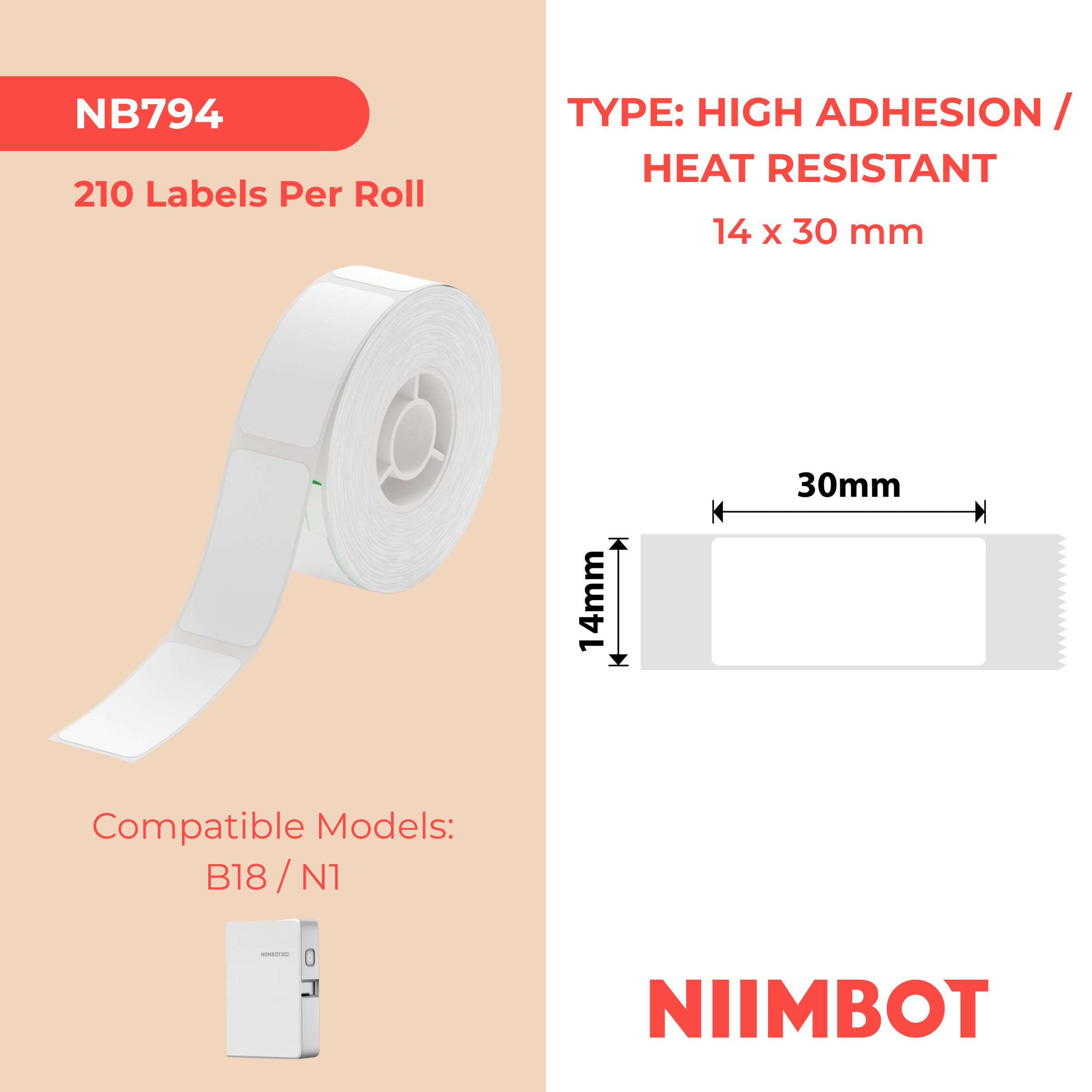 NIIMBOT - N1 - 14x30mm - White High Adhesion - 210 Labels