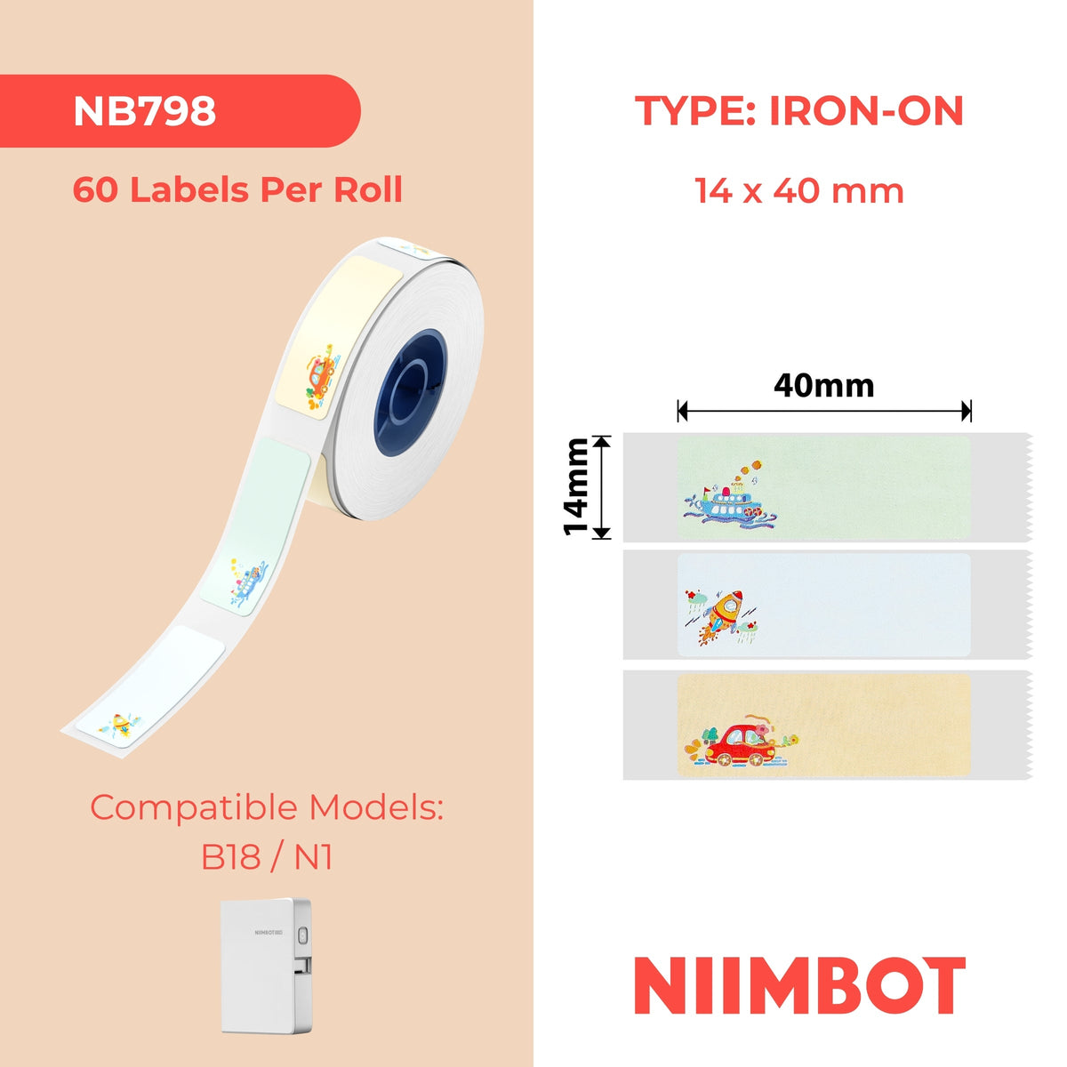 NIIMBOT - N1 - 14x40mm - Iron On Road Trip - 60 Labels