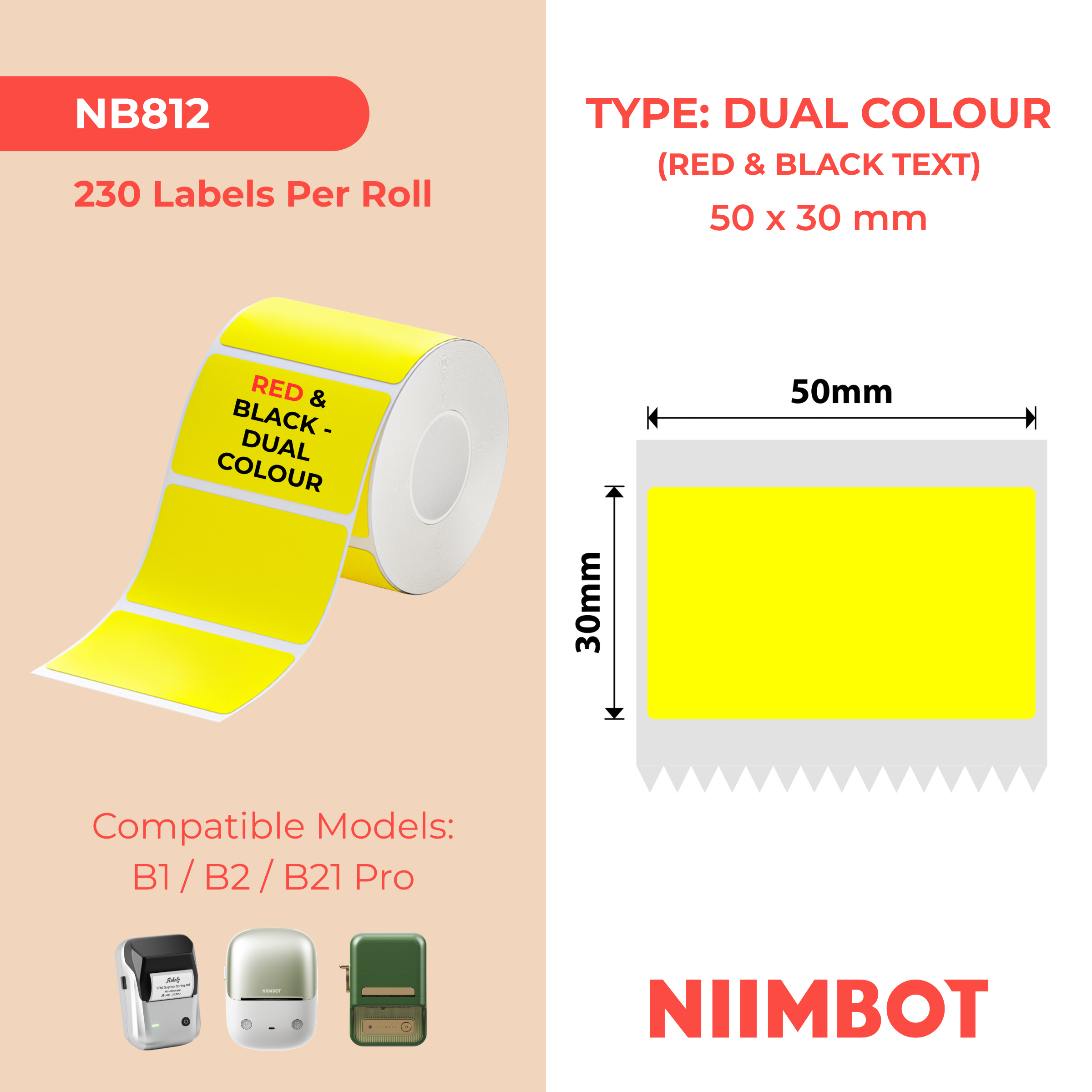 NIIMBOT - B Pro Range - 50x30mm - Yellow - Dual Colour - Red & Black Text - 230 Labels