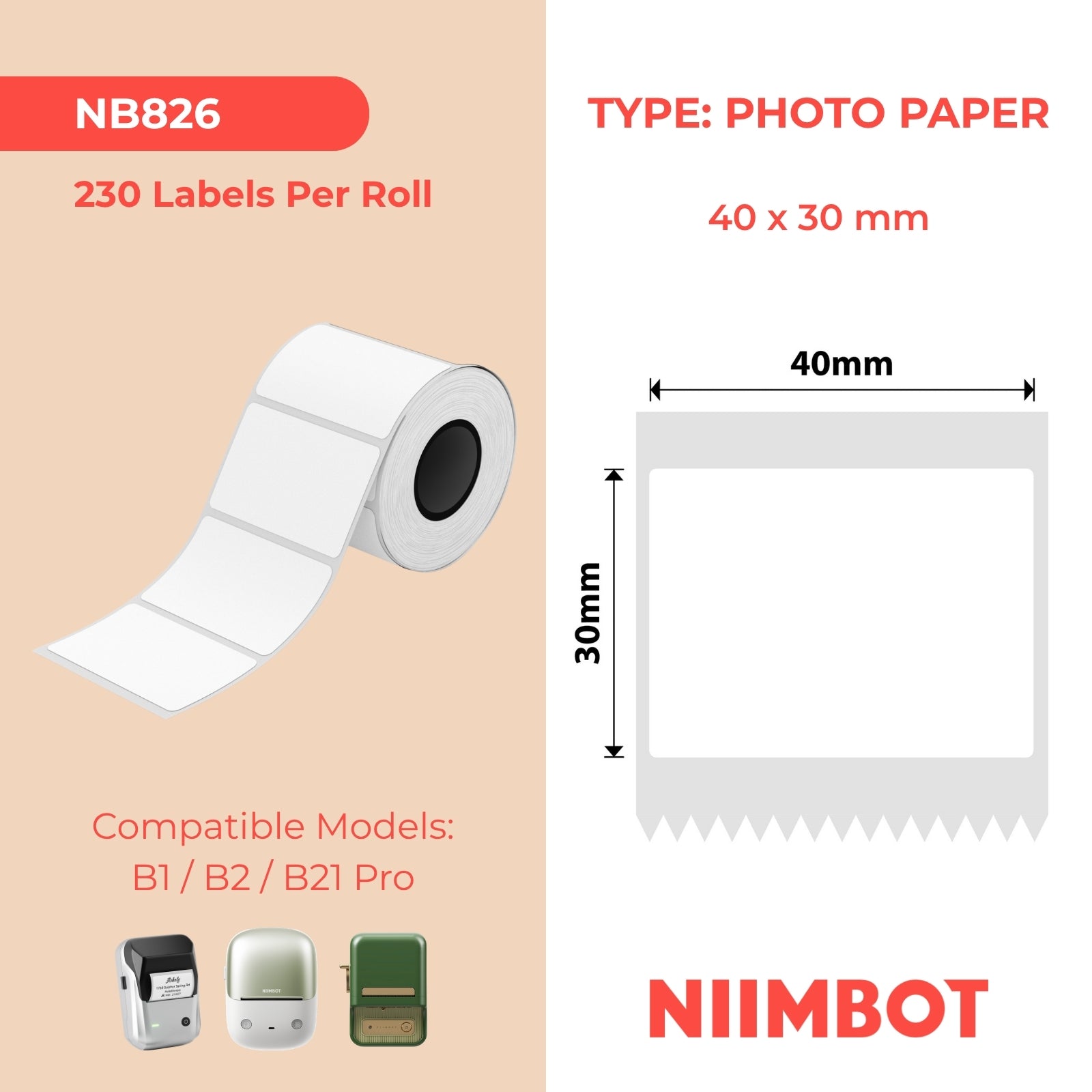 NIIMBOT - B Pro Range - 40x30mm - White - Greyscale - Photo Paper - 230 Labels