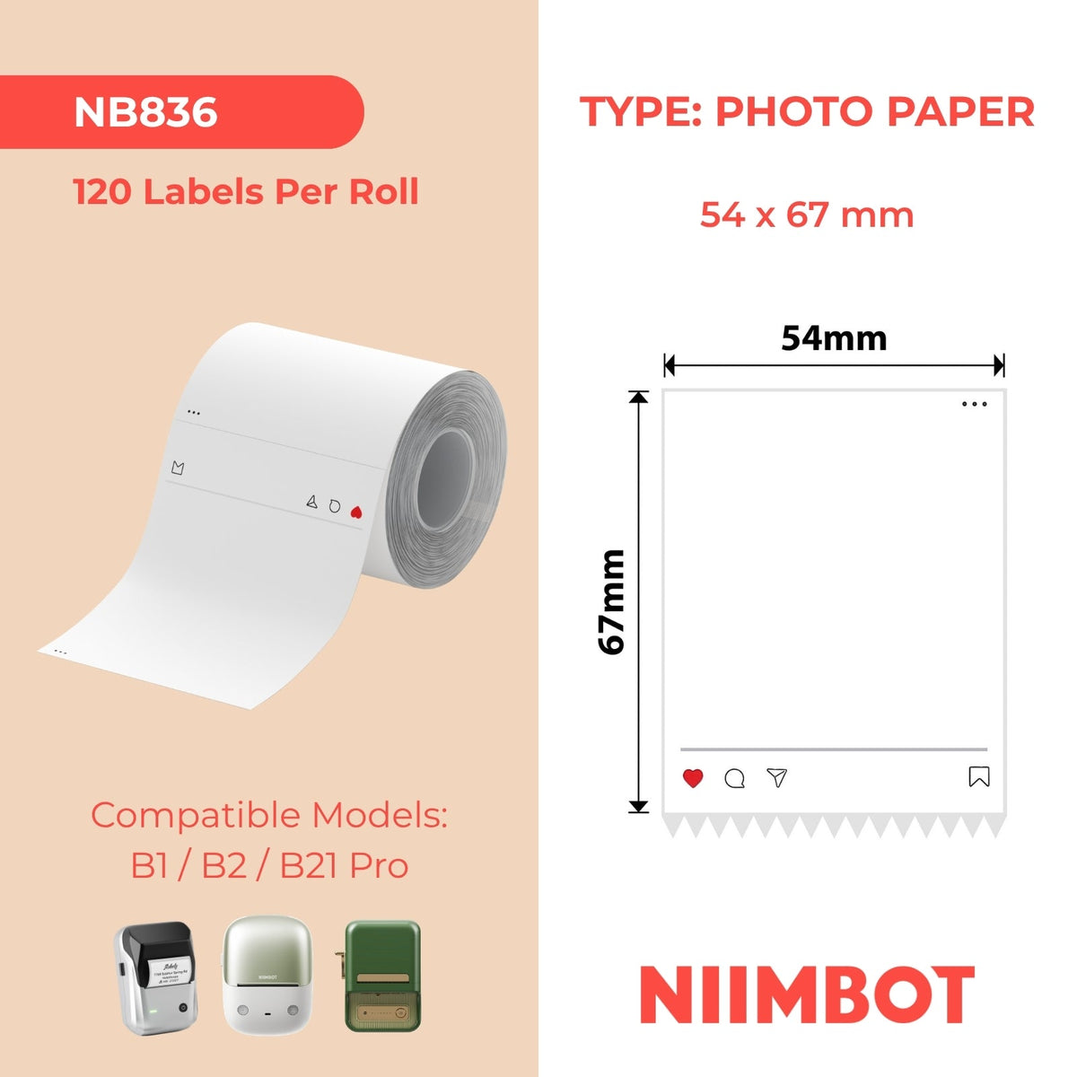 NIIMBOT - B Pro Range - 54x67mm - Greyscale Photo Paper - Sns - 120 Labels