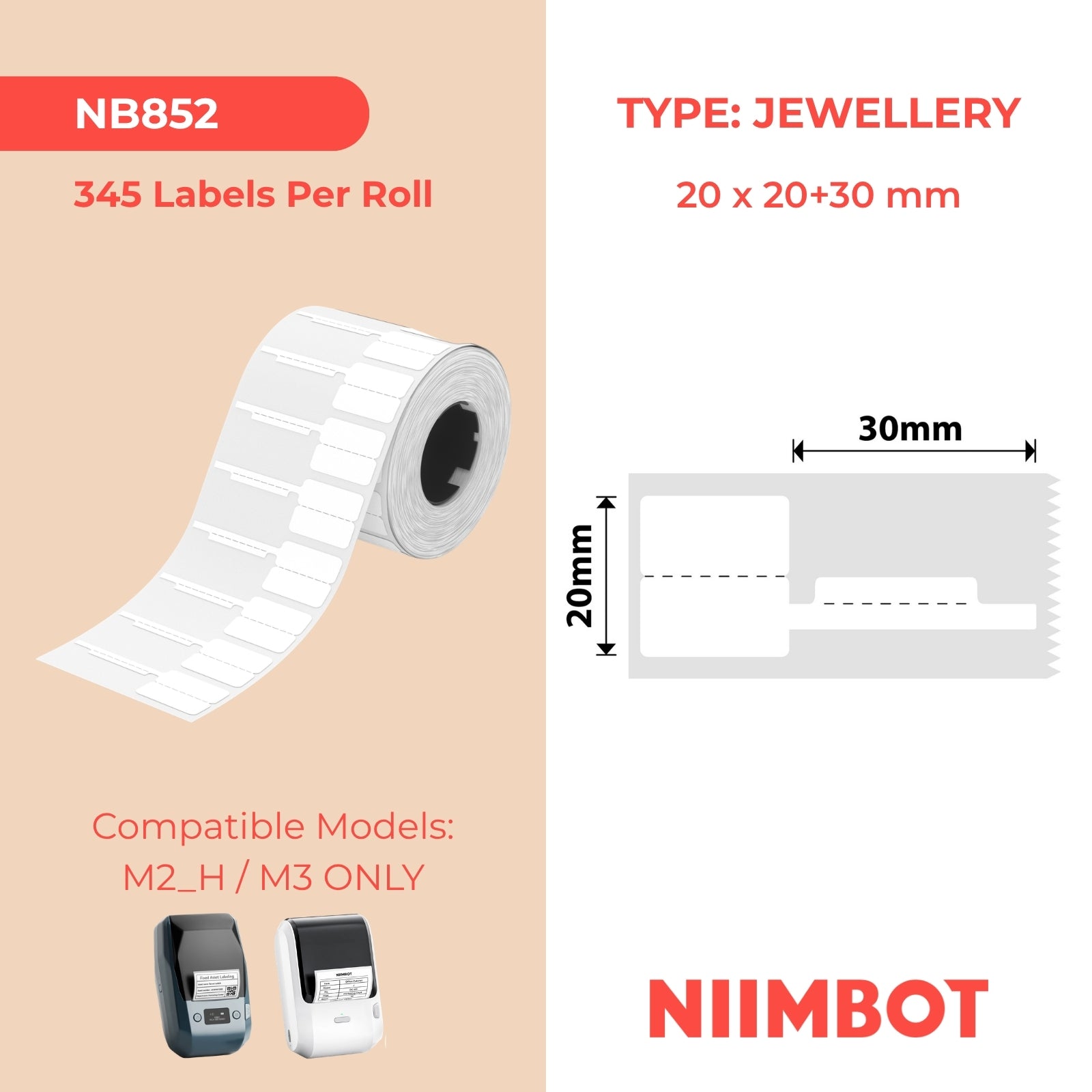 NIIMBOT - M Range - 20x20+30mm - White Jewellery - 345 Labels