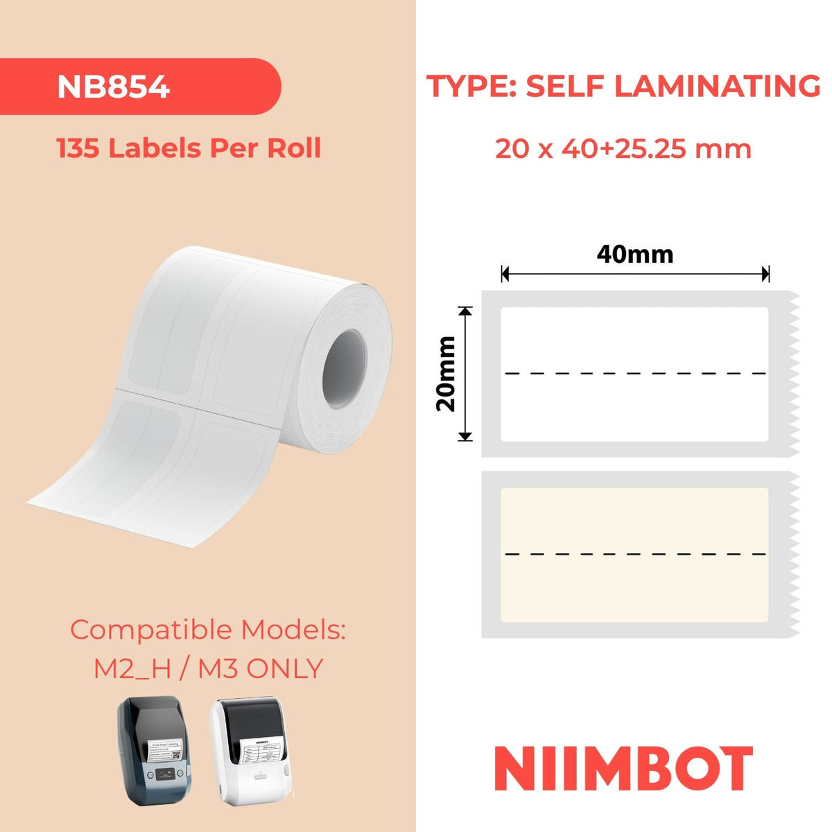 NIIMBOT - M Range - 20x40+25.25mm - White Self Laminating - 135 Labels