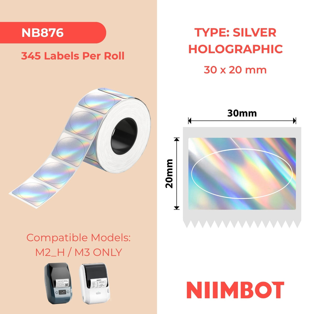 NIIMBOT - M Range - 30x20mm - Silver Laser Holographic Oval - 345 Labels
