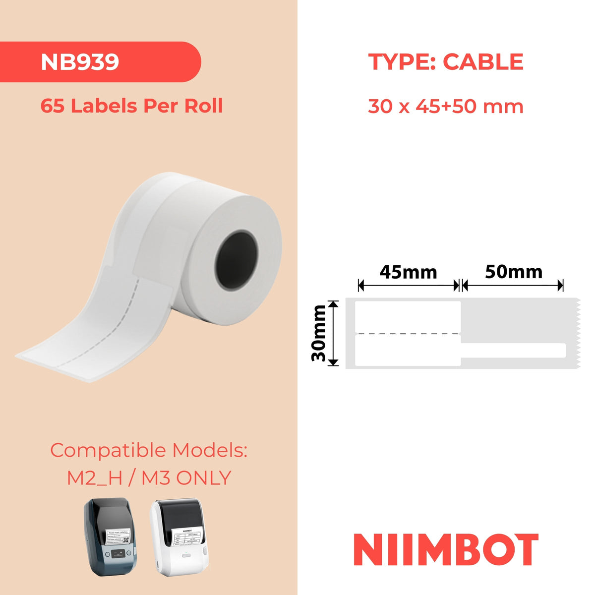 NIIMBOT - M Range - 30x45+50mm - White Cable - 65 Labels