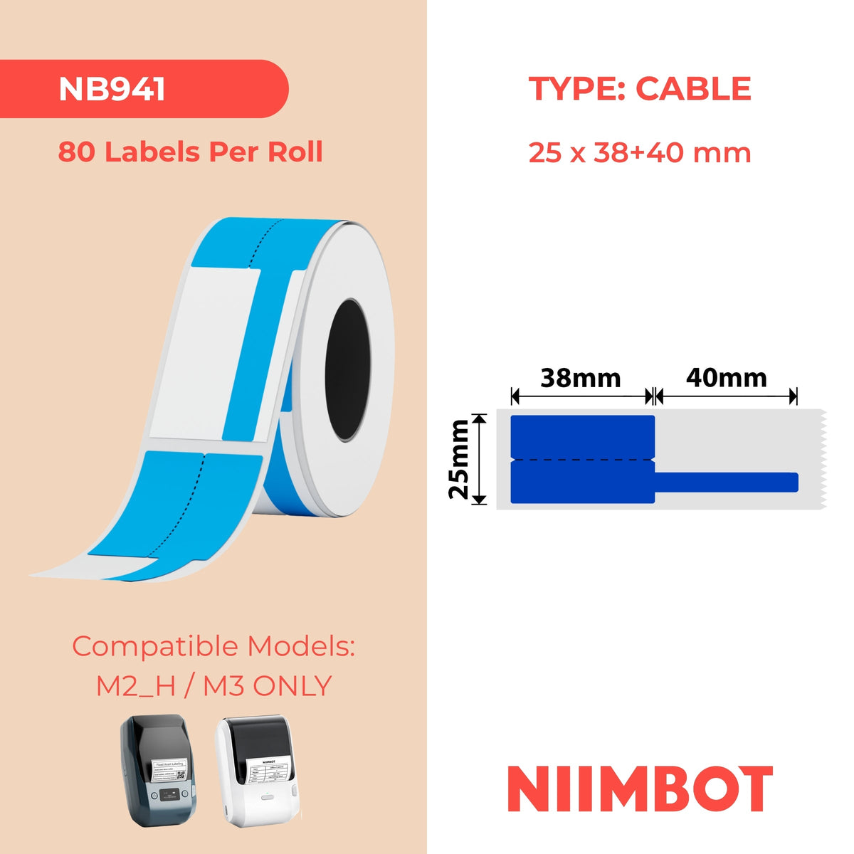 NIIMBOT - M Range - 25x38+40mm - Blue Cable - 80 Labels