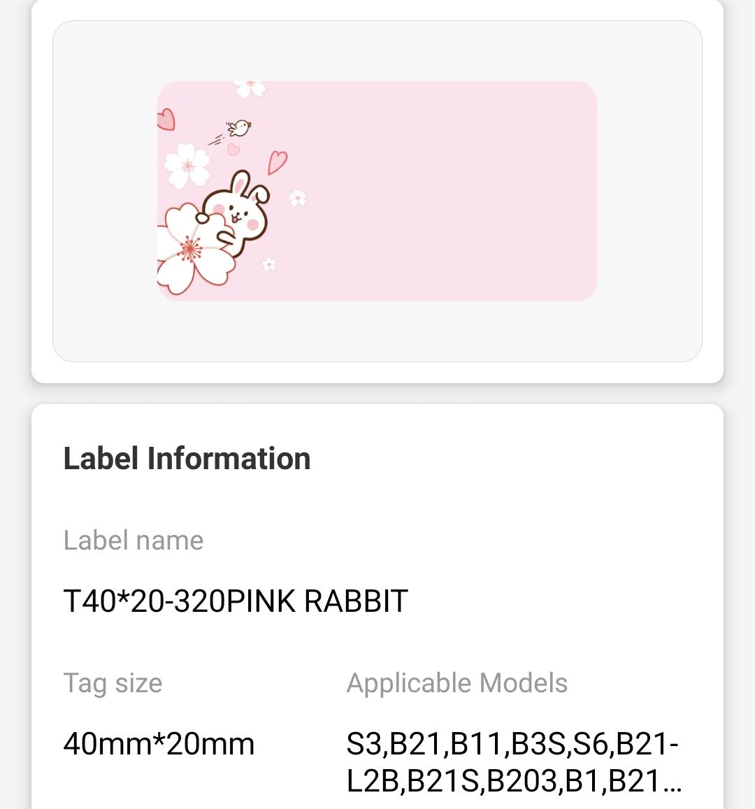 NB219 - NIIMBOT - B1 / B21 / B3S / B4 - 40X20MM - 320 PINK RABBIT LABELS