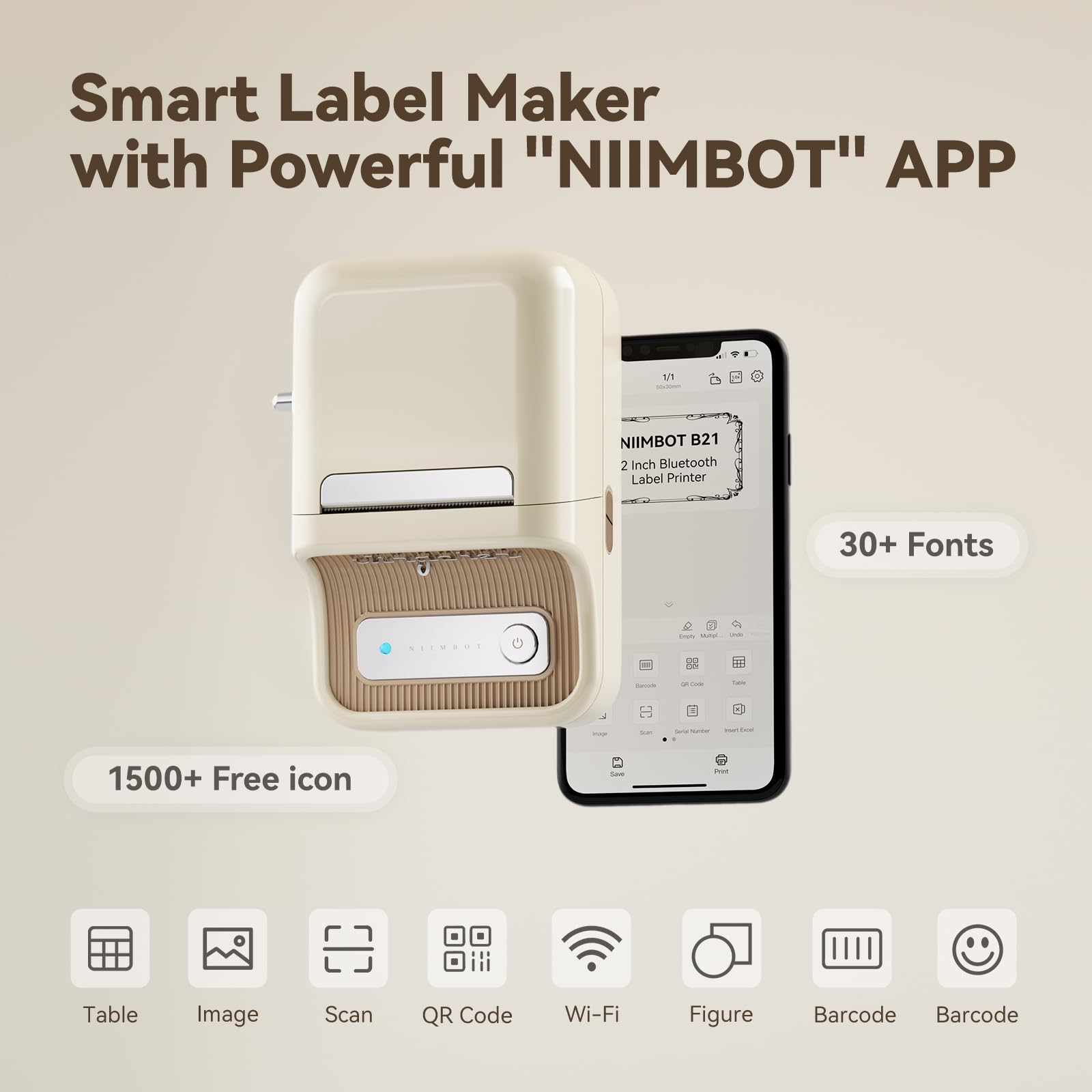NB109 - NIIMBOT - B21 - DRAAGBARE TERMIESE ETIKET BLUETOOTH-DRUKKER INSLUITEND GRATIS ETIKET (50*30MM - WIT)