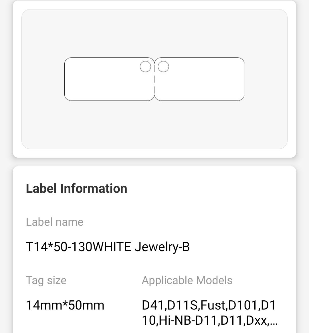 NB133 - NIIMBOT - D11 / D101 / D110 / H1S - 14X50MM FOLD - 130 LABELS PER ROLL - WHITE JEWELLERY TAG
