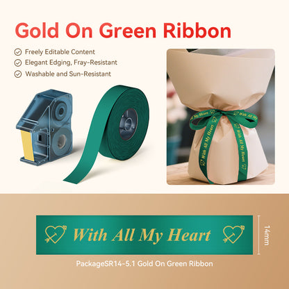 NB719 - NIIMBOT - N1 - SATIN RIBBON SET PACKAGE - SR14MM-5.1M - GOLD ON GREEN