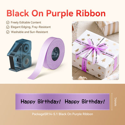 NIIMBOT - N1 Satin Gift Ribbon - 14mm x 5.1m - Black on Purple