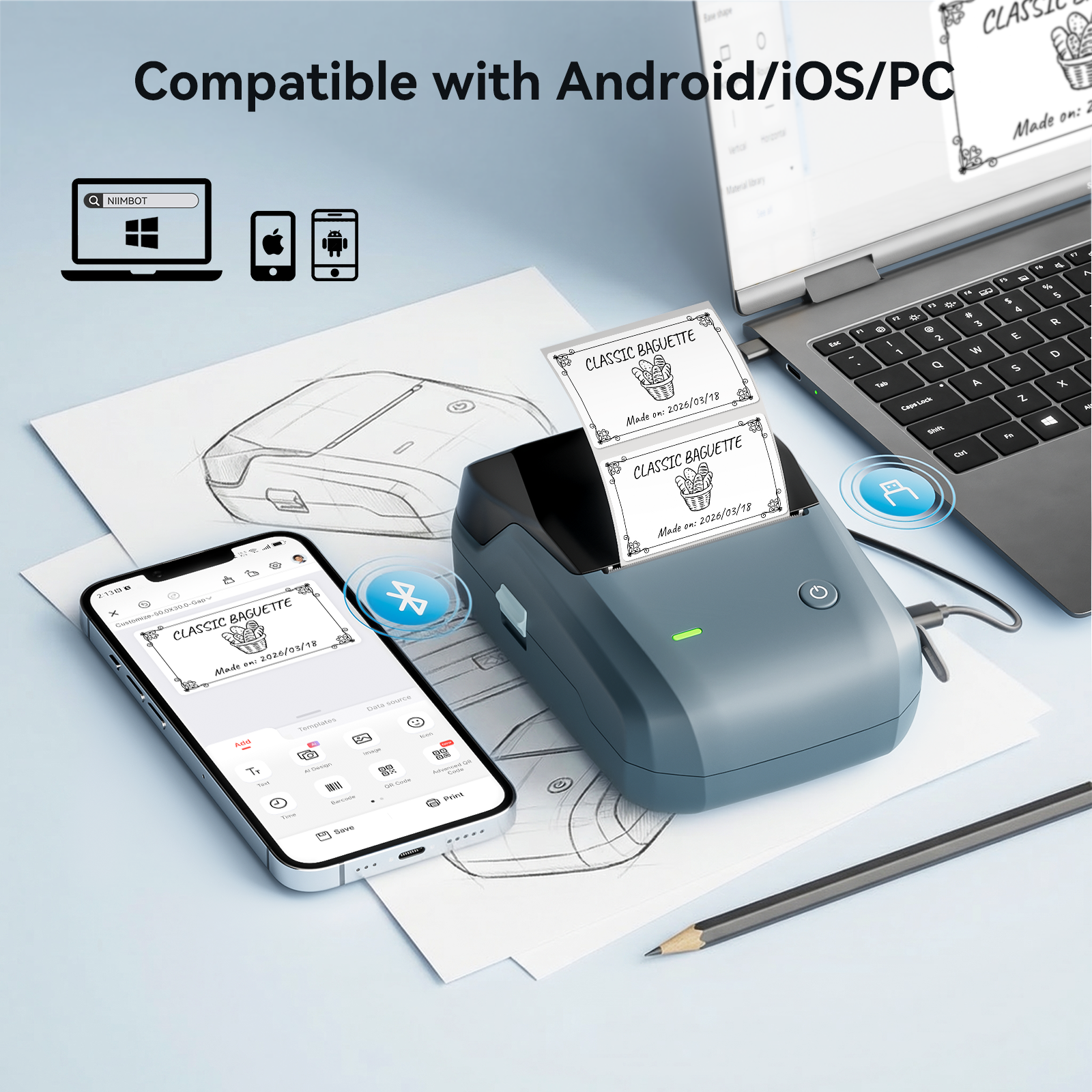 NB493 - NIIMBOT - B1 - DRAAGBARE TERMIESE ETIKET BLUETOOTH-DRUKKER INSLUITEND GRATIS ETIKET (50*30MM - WIT)
