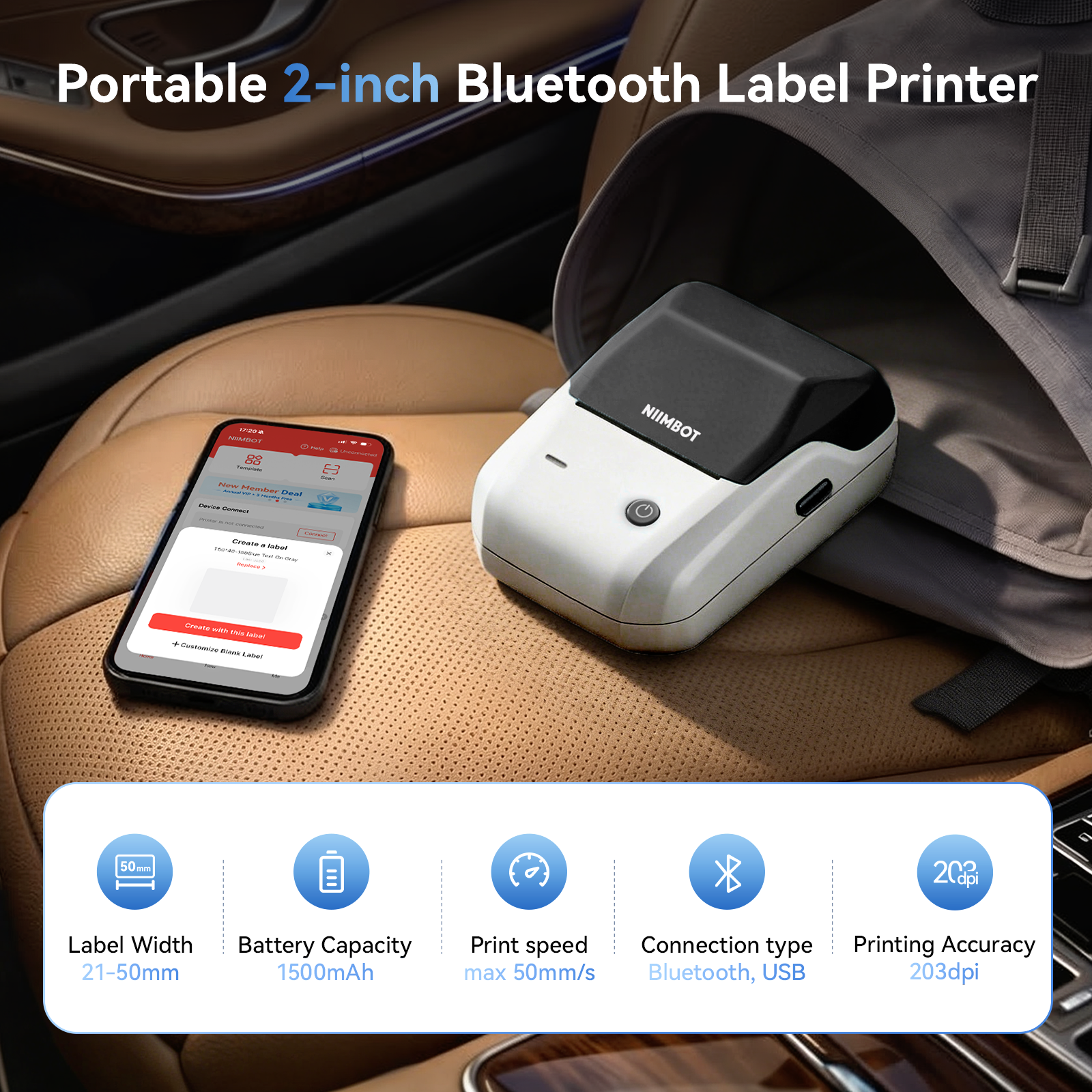 NB493 - NIIMBOT - B1 - DRAAGBARE TERMIESE ETIKET BLUETOOTH-DRUKKER INSLUITEND GRATIS ETIKET (50*30MM - WIT)