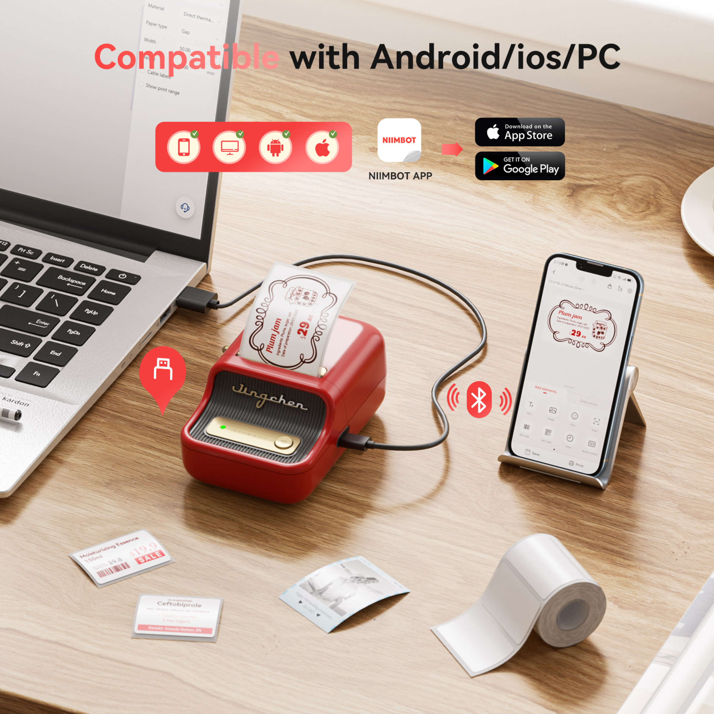 NB607 - NIIMBOT - B21_PRO - 300DPI - PORTABLE THERMAL LABEL BLUETOOTH PRINTER INCL FREE LABEL ROLL (50X30MM)