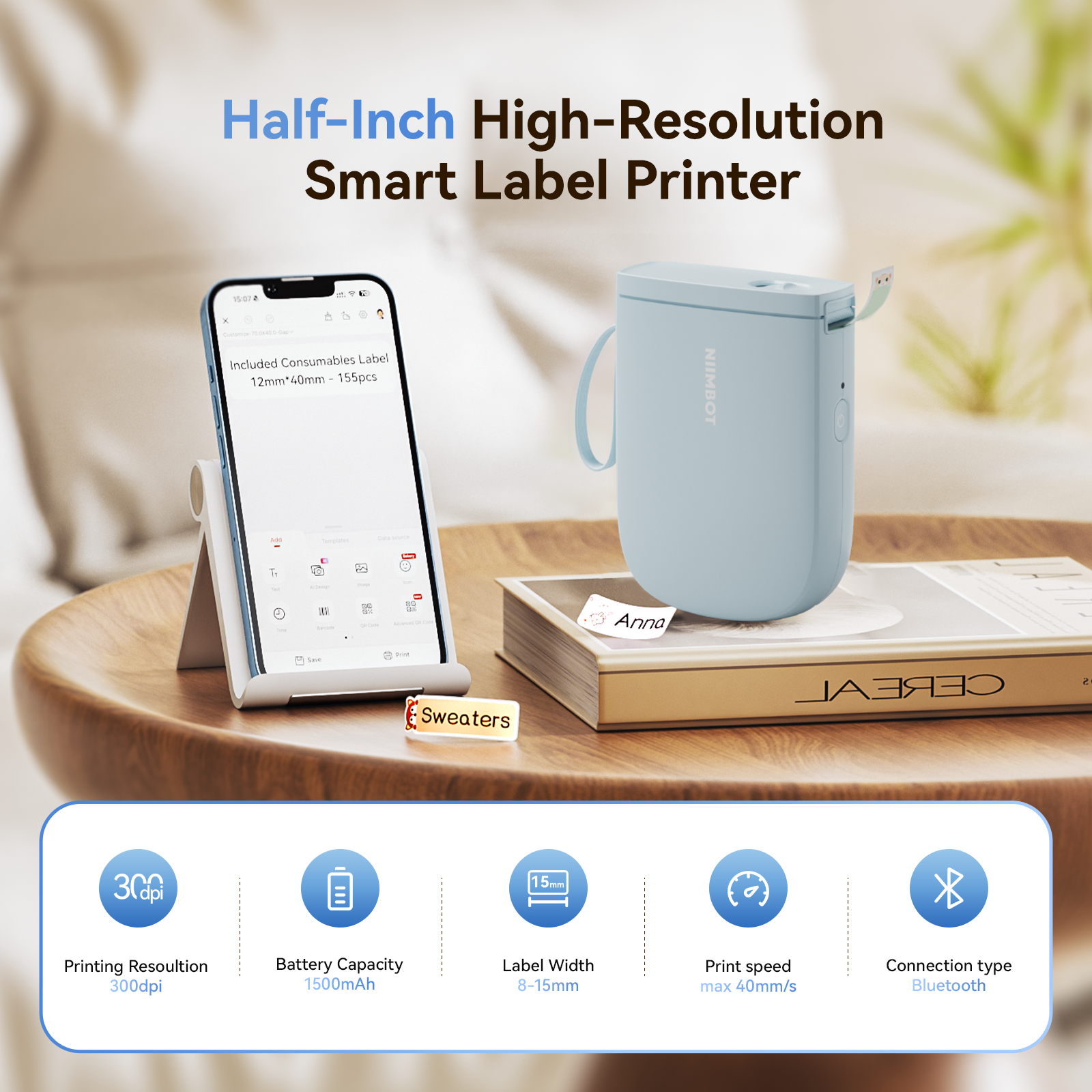 NB525 - NIIMBOT - D11_H - 300DPI - PORTABLE BLUETOOTH LABEL PRINTER INC FREE LABEL ROLL