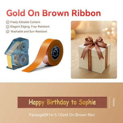NIIMBOT - N1 Satin Gift Ribbon - 14mm x 5.1m - Gold on Brown Ribbon