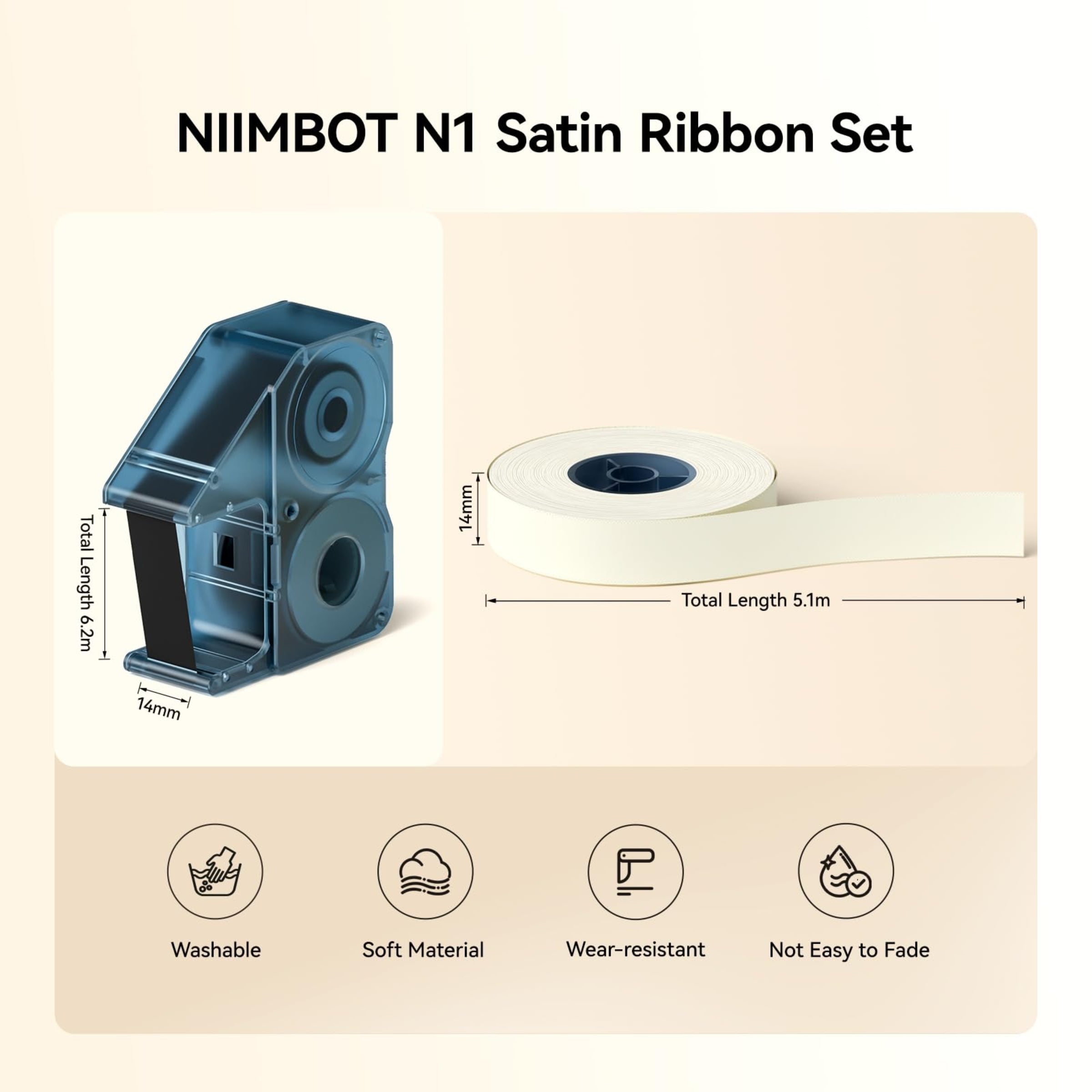 NIIMBOT - N1 Satin Gift Ribbon - 14mm x 5.1m - Black on Beige