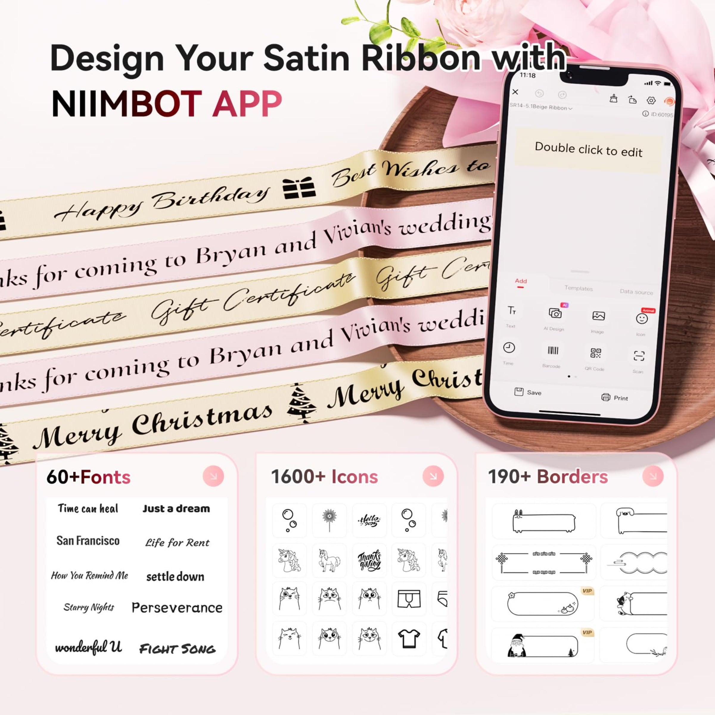 NB624 - NIIMBOT - N1 - BLUETOOTH SATIN RIBBON & LABEL PRINTER KIT INCL BOTH SETS - PINK