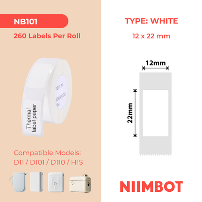 NB101 - NIIMBOT - D11 / D101 / D110 / H1S - T12X22MM - 260  LABELS PER ROLL - WHITE