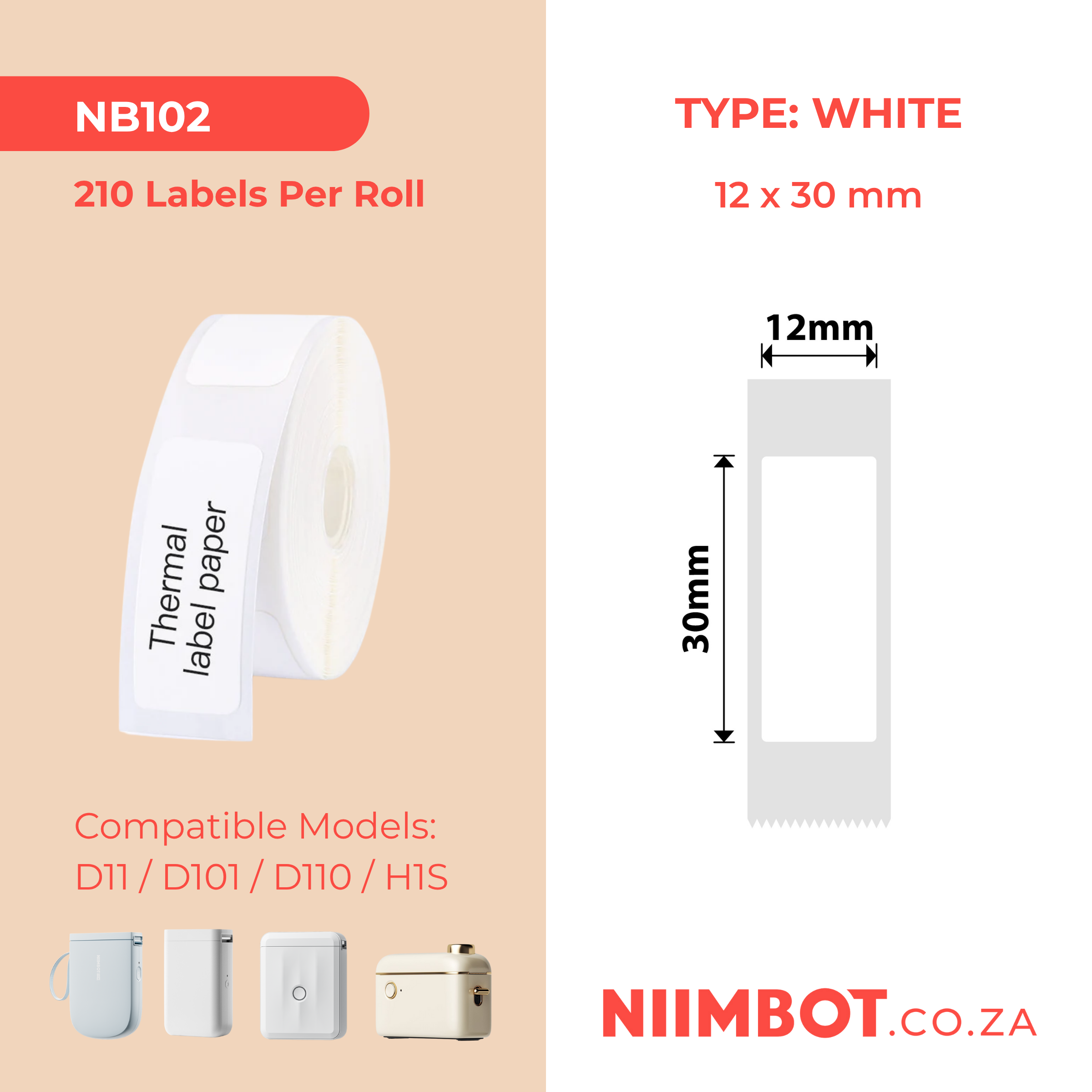 NB102 - NIIMBOT - D11 / D101 / D110 - 12*30MM - 210  LABELS PER ROLL - WHITE
