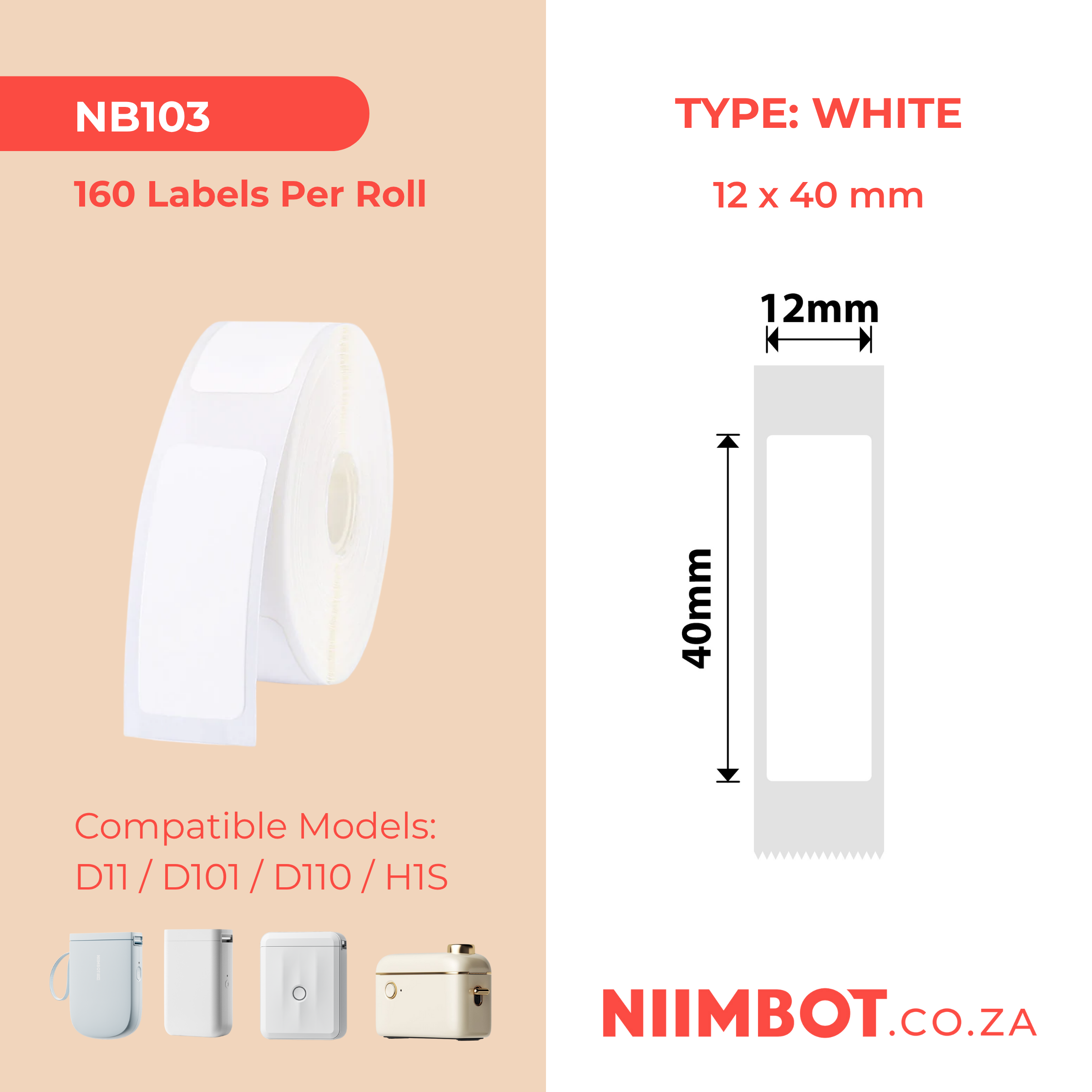 NB103 - NIIMBOT - D11 / D101 / D110 - T12*40MM - 160 LABELS PER ROLL - WHITE
