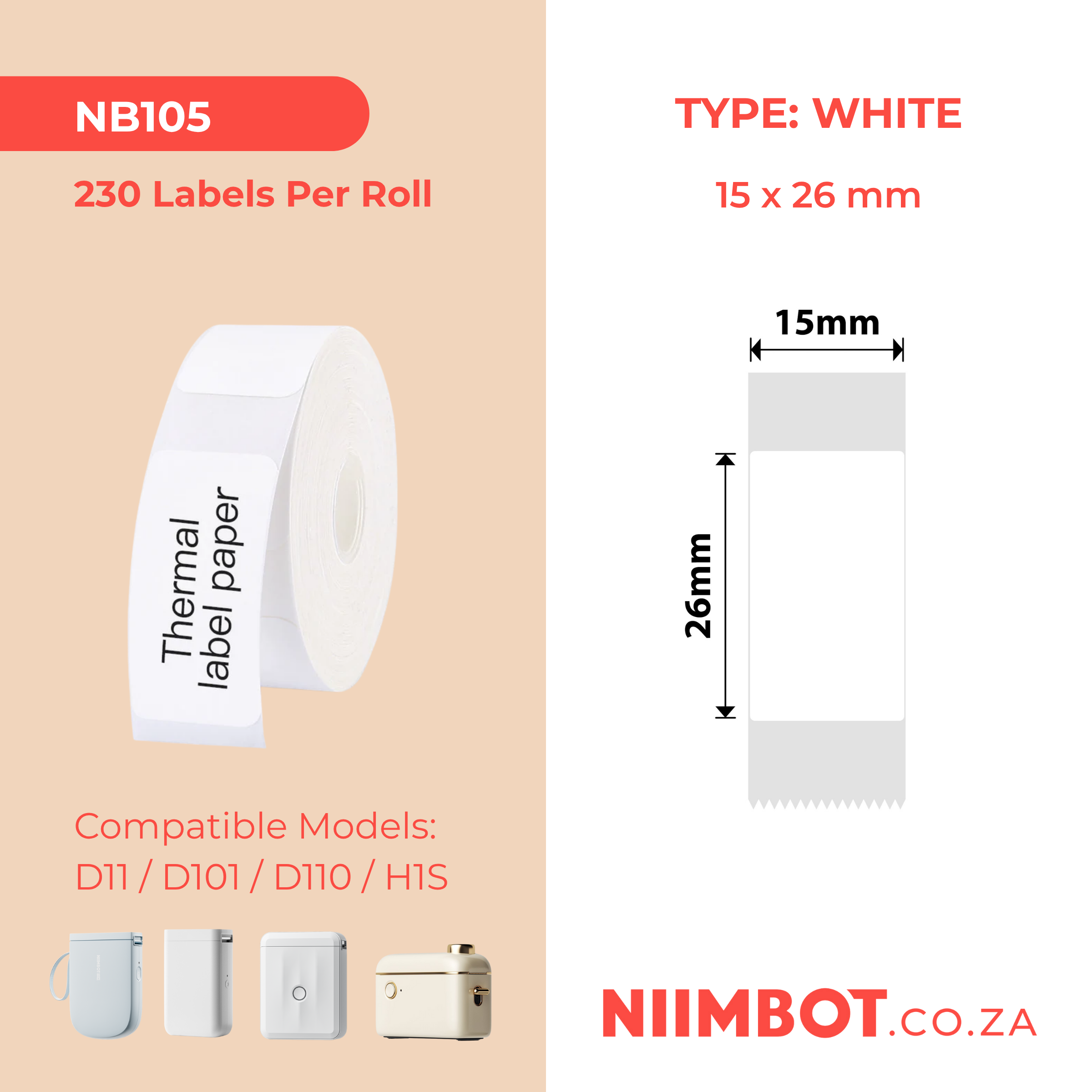 NB105 - NIIMBOT - D11 / D101 / D110 - 15*26MM - 230 LABELS PER ROLL - WHITE