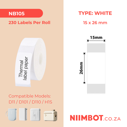 NB105 - NIIMBOT - D11 / D101 / D110 - 15*26MM - 230 LABELS PER ROLL - WHITE