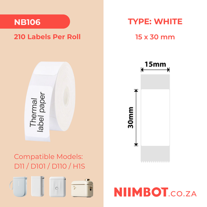 NB106 - NIIMBOT - D11 / D101 / D110 - 15*30MM - 210  LABELS PER ROLL - WHITE