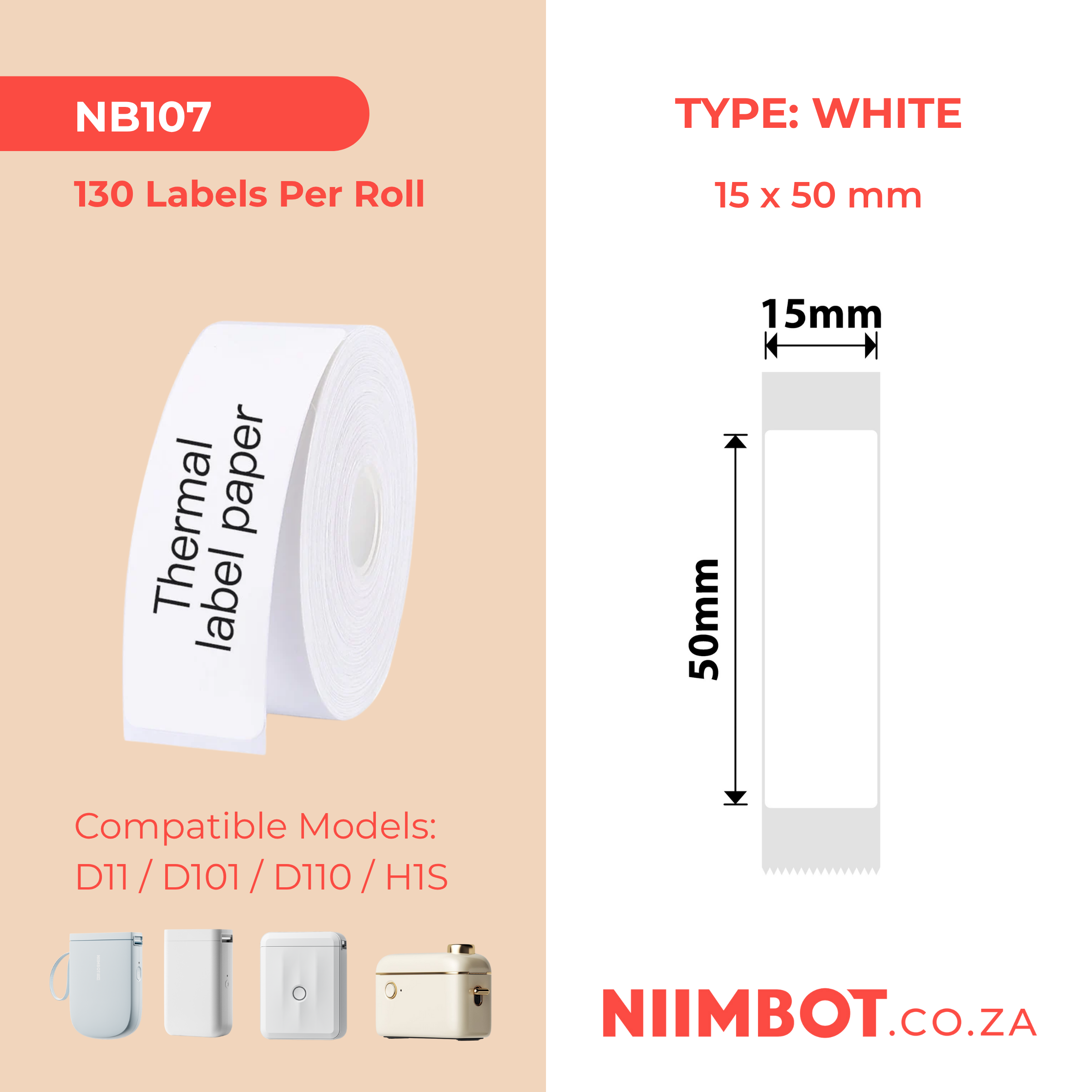 NB107 - NIIMBOT - D11 / D101 / D110 - 15*50MM - 130 LABELS PER ROLL - WHITE