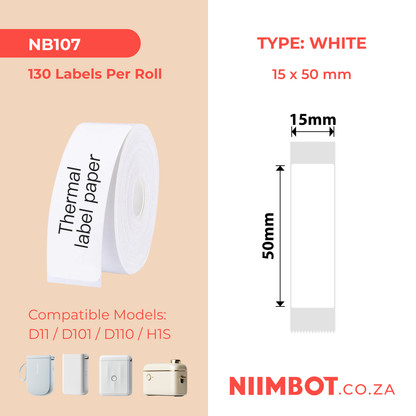NB107 - NIIMBOT - D11 / D101 / D110 - 15*50MM - 130 LABELS PER ROLL - WHITE