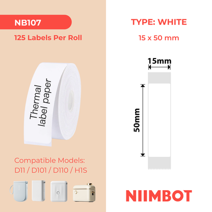 NB107 - NIIMBOT - D11 / D101 / D110 / H1S - 15X50MM - 125 LABELS PER ROLL - WHITE