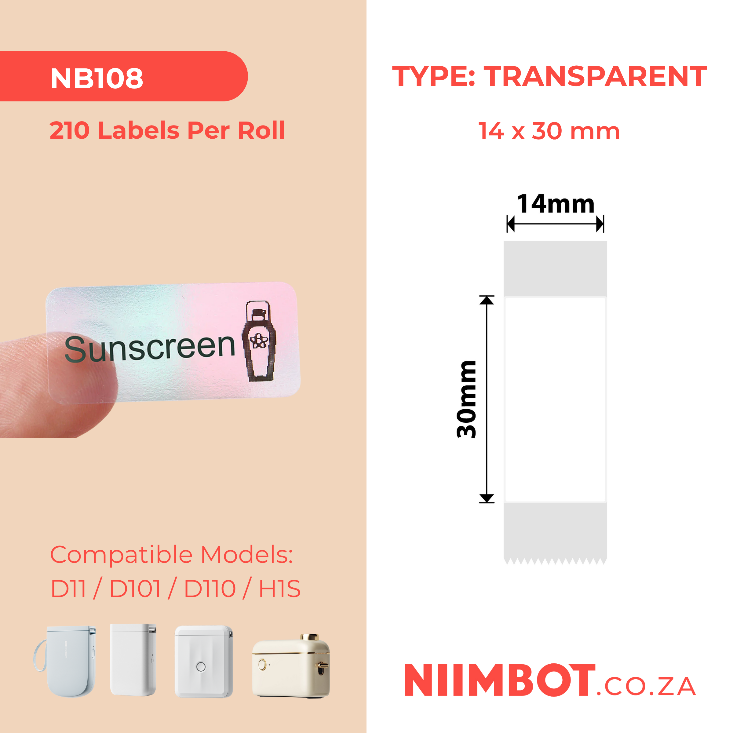 NB108 - NIIMBOT - D11 / D101 / D110 - 14*30MM - 210 LABELS PER ROLL - TRANSPARENT