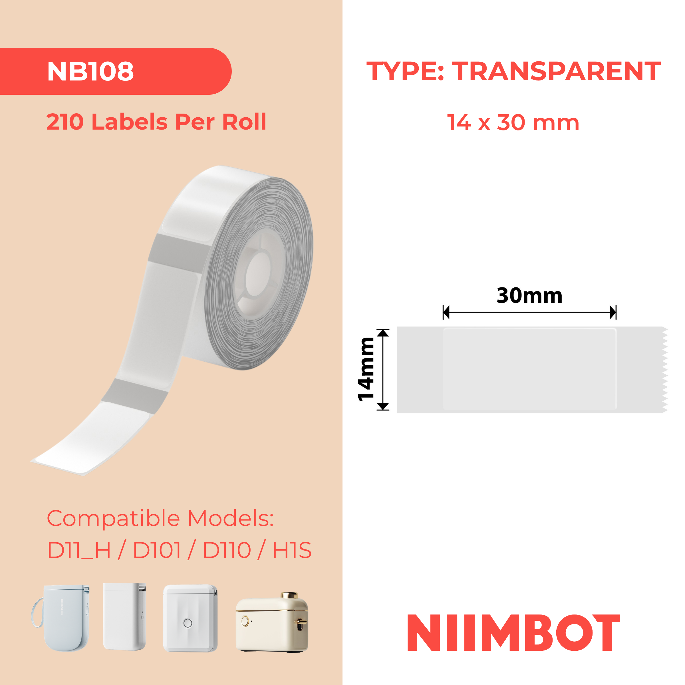I-NB108 - NIIMBOT - D11 / D101 / D110 - 14*30MM - 210 AMALEBO NGOKUQONGA NGAMUNYE - OKUBONILE