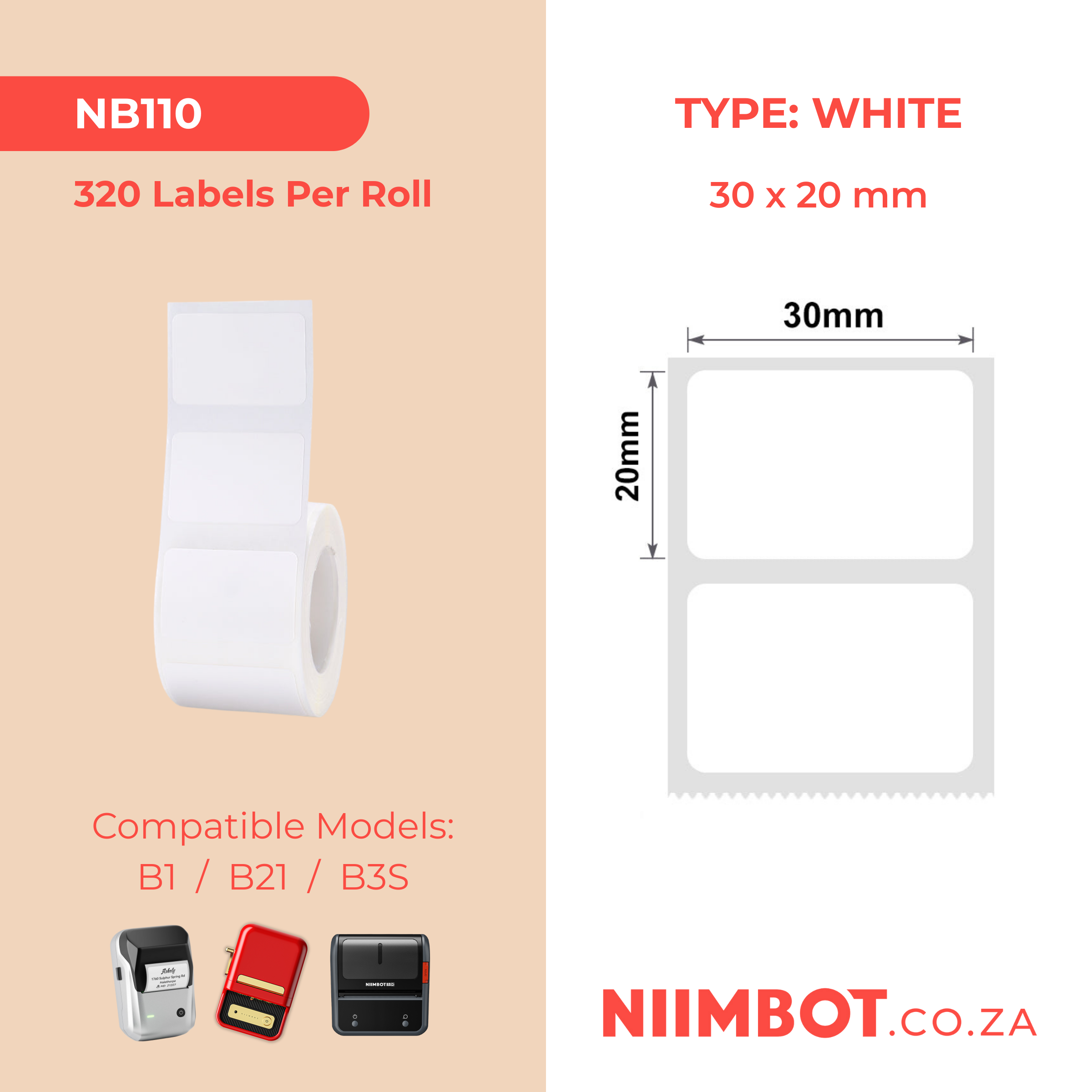 NB110 - NIIMBOT - B1 / B21 / B3S - T30*20MM - 320 LABELS PER ROLL - WHITE