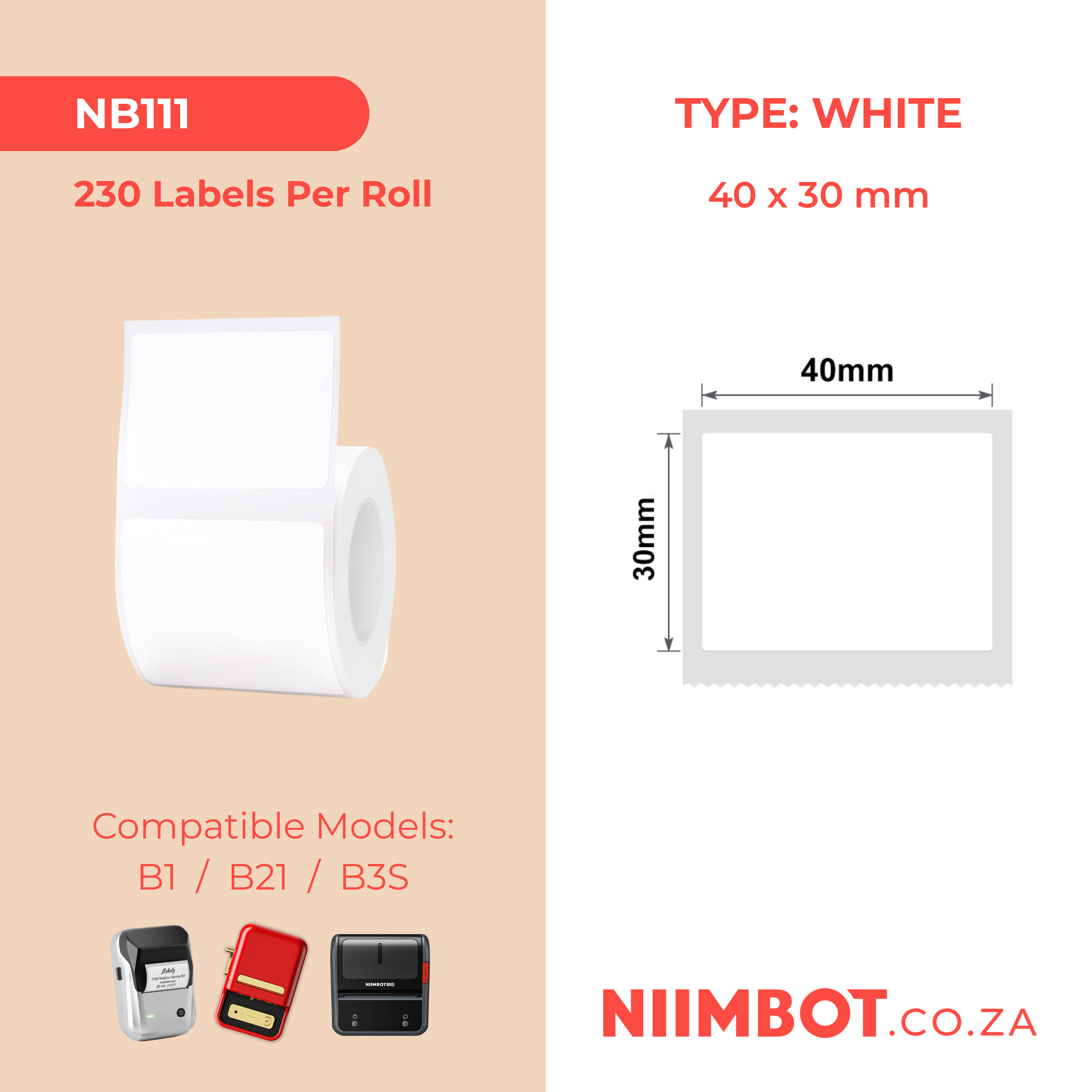 NB111 - NIIMBOT - B1 / B21 / B3S - T40*30MM - 230 LABELS PER ROLL - WHITE