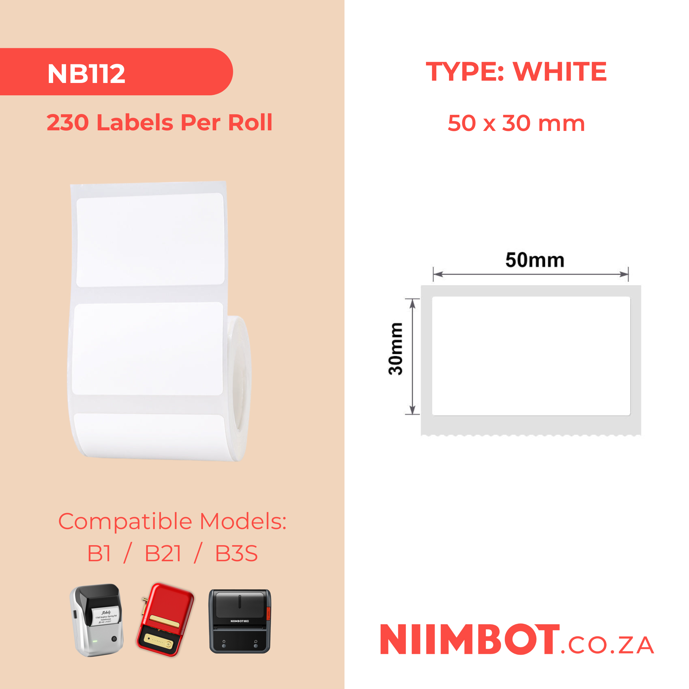 NB112 - NIIMBOT - B1 / B21 / B3S - T50*30MM - 230 LABELS PER ROLL - WHITE