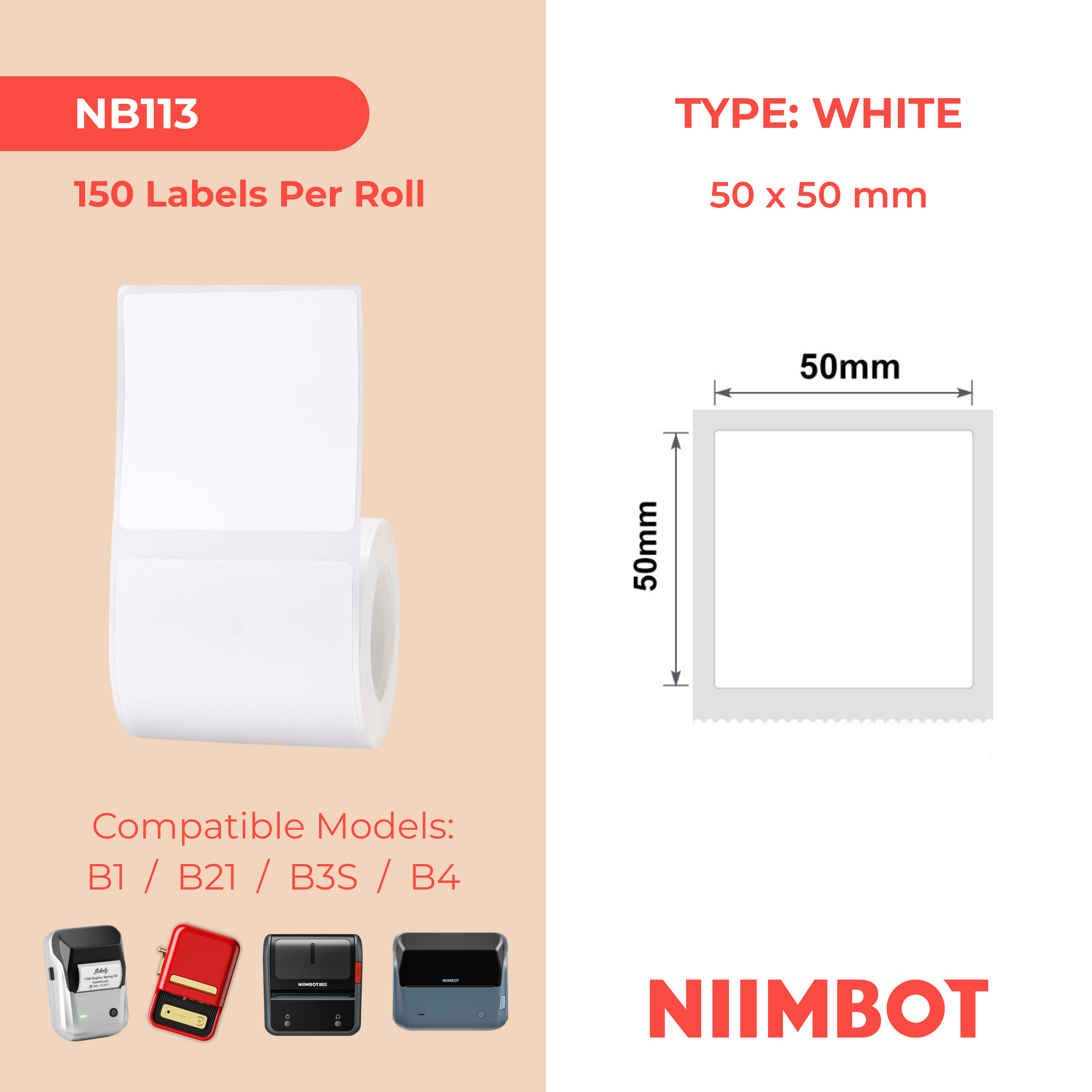 NB113 - NIIMBOT - B1 / B21 / B3S / B4 - 50X50MM - 150 LABELS PER ROLL - WHITE