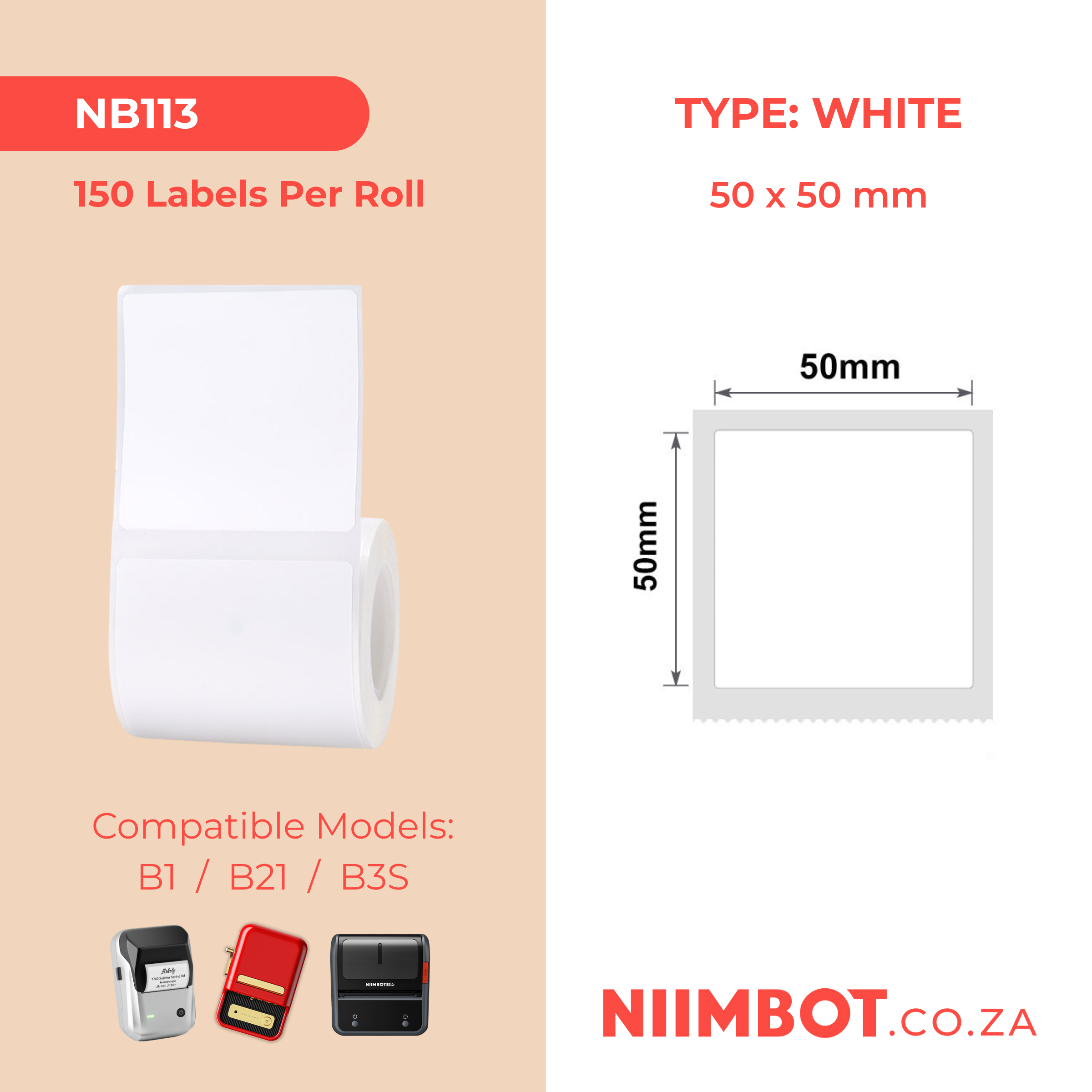 NB113 - NIIMBOT - B1 / B21 / B3S - 50*50MM - 150 LABELS PER ROLL - WHITE