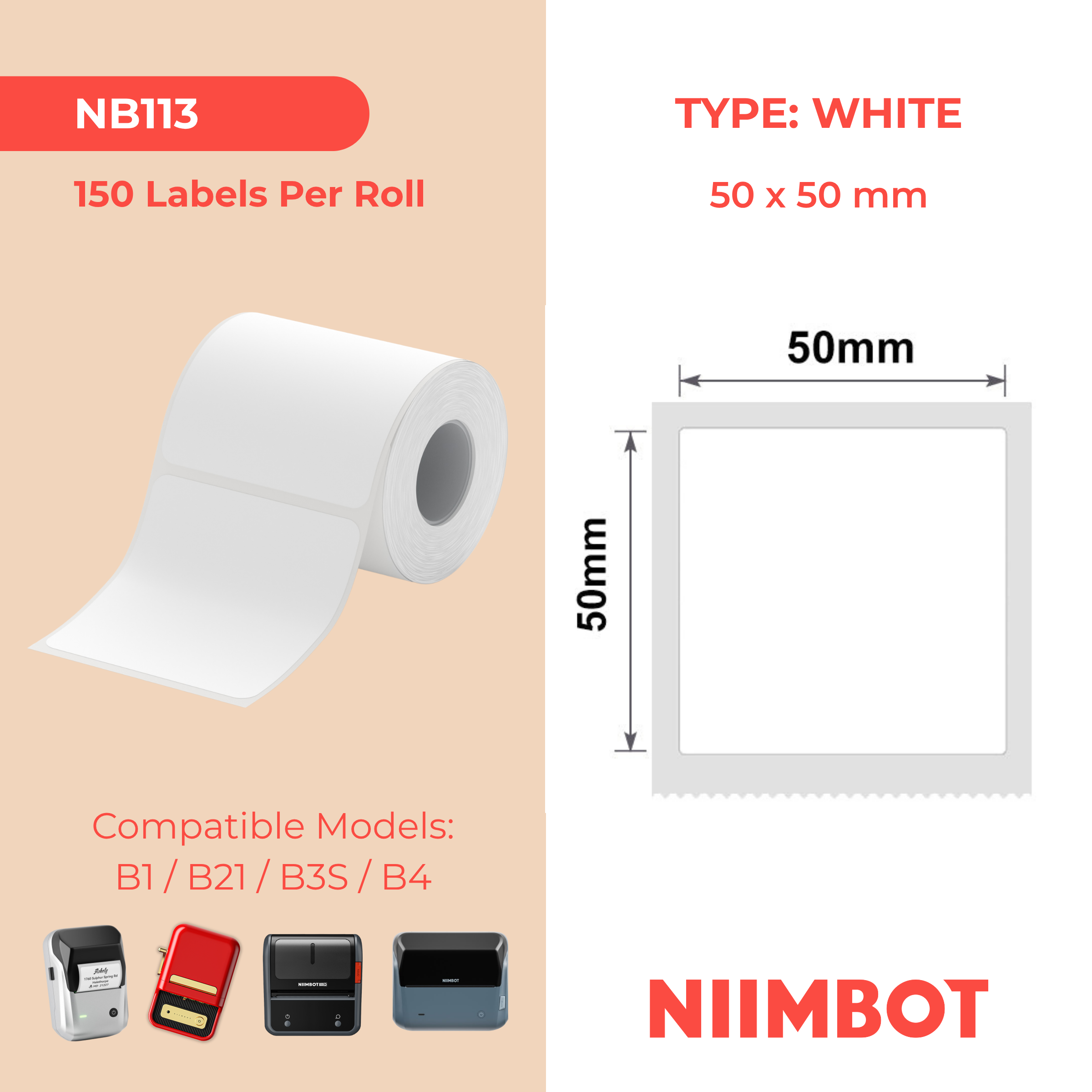 NB113 - NIIMBOT - B1 / B21 / B3S - 50*50MM - 150 ETIKETTE PER ROL - WIT 