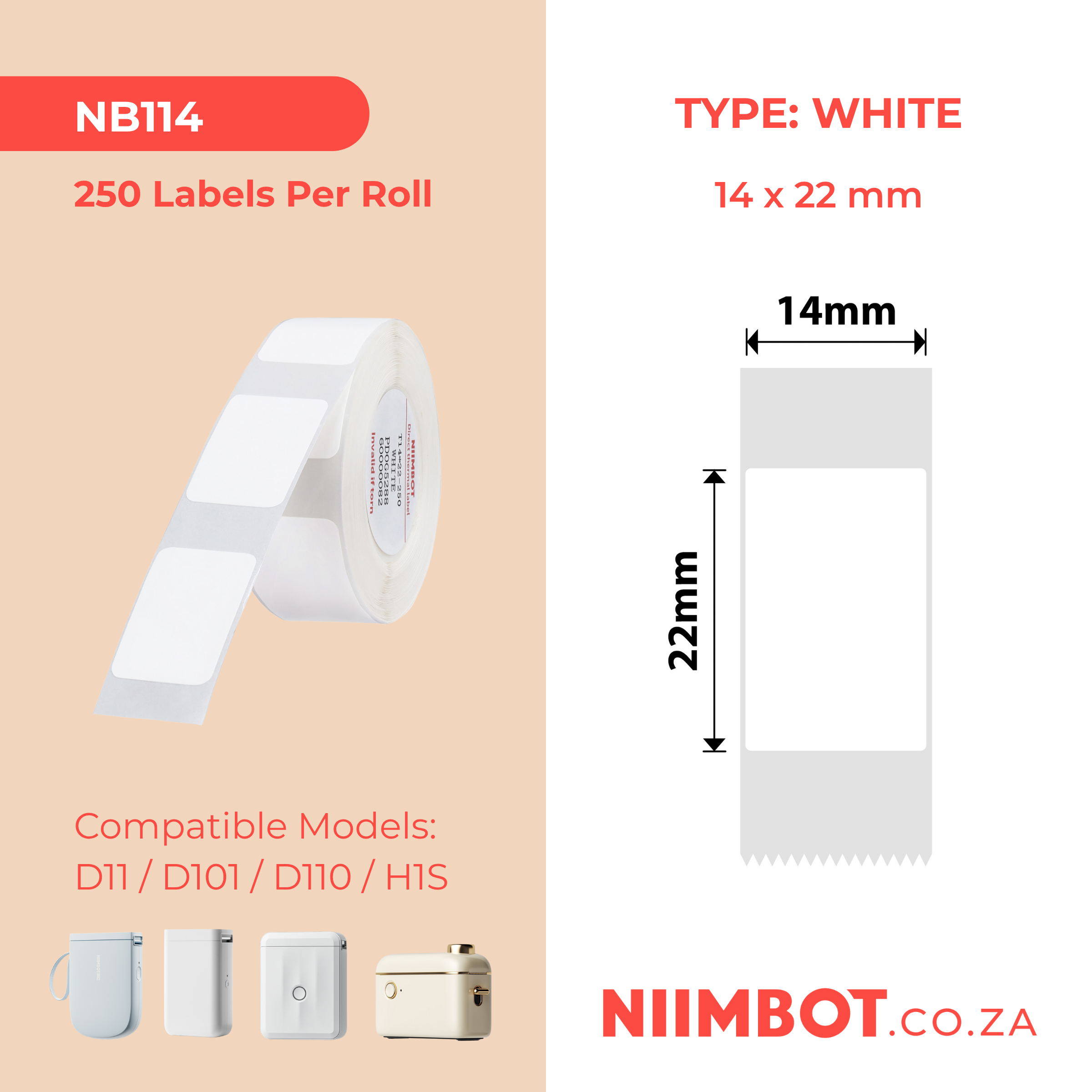 NB114 - NIIMBOT - D11 / D101 / D110 - 14*22MM - 250 LABELS PER ROLL - RECTANGLE - WHITE