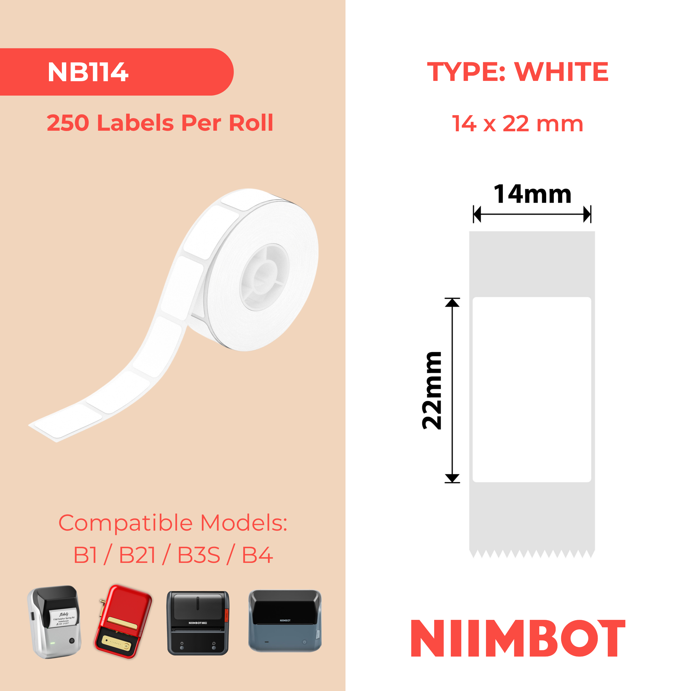 I-NB114 - NIIMBOT - D11 / D101 / D110 - 14*22MM - 250 AMALEBO NGOKUQONGQWA NGAMUNYE - UNQUNYENZE - EMHLOPHE