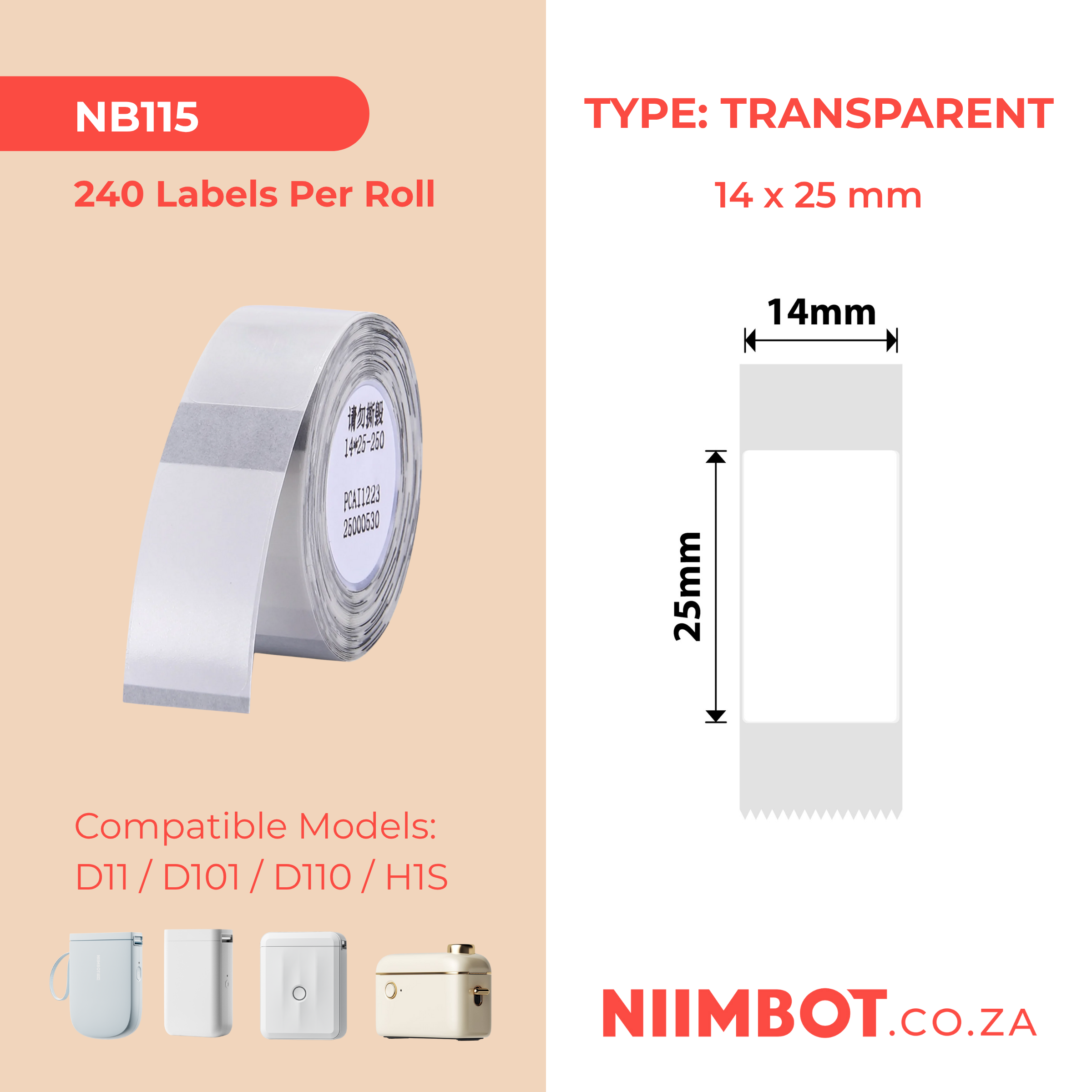 NB115 - NIIMBOT - D11 / D101 / D110 - 14*25MM - 240 LABELS PER ROLL - TRANSPARENT