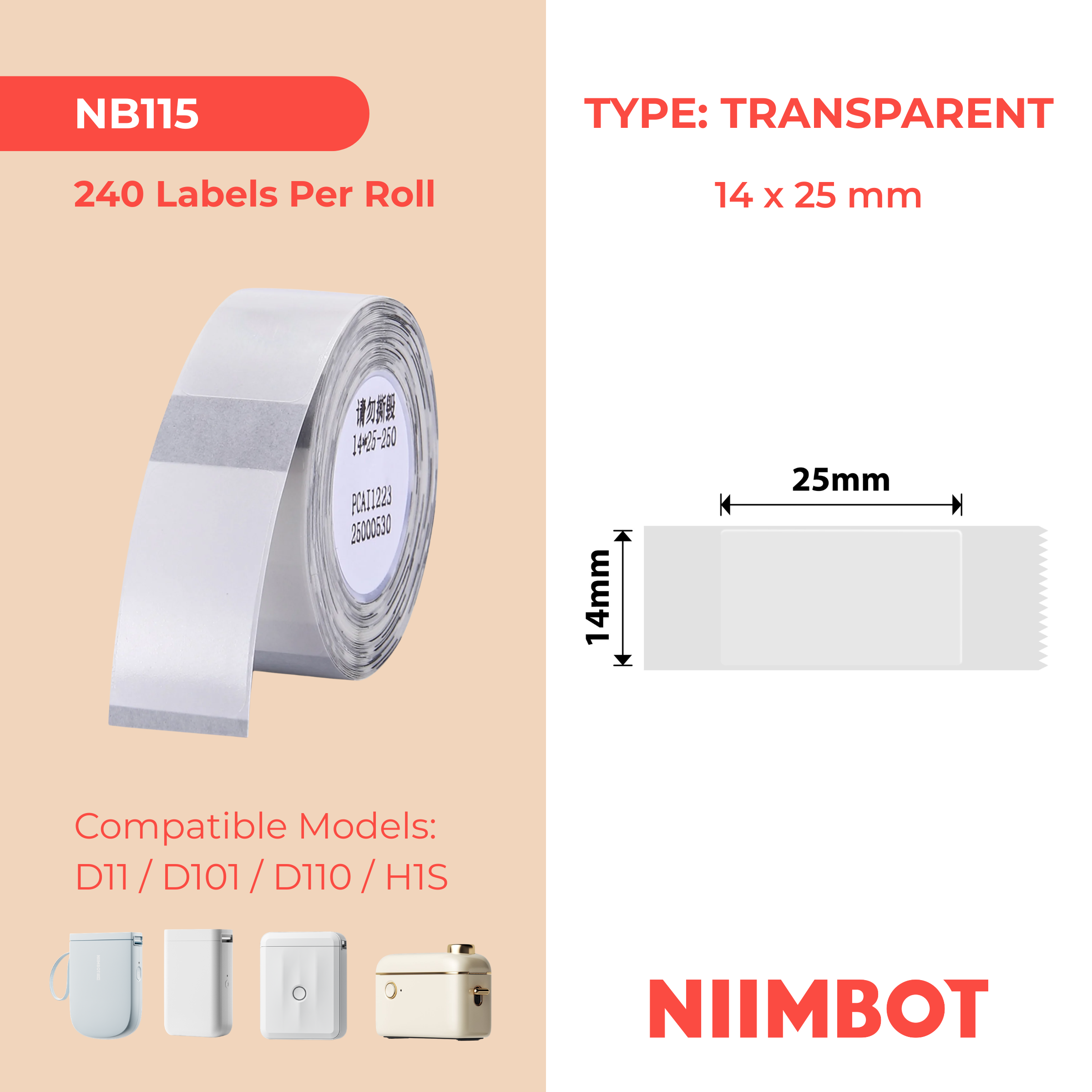 NB115 - NIIMBOT - D11 / D101 / D110 - 14*25MM - 240 ETIKETTE PER ROL - DEURSIGTIG