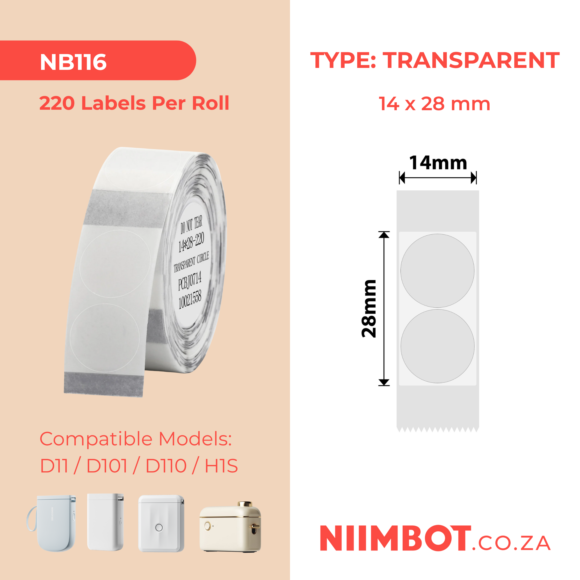 NB116 - NIIMBOT - D11 / D101 / D110 - 14*28MM - 220 LABELS PER ROLL - ROUND - TRANSPARENT